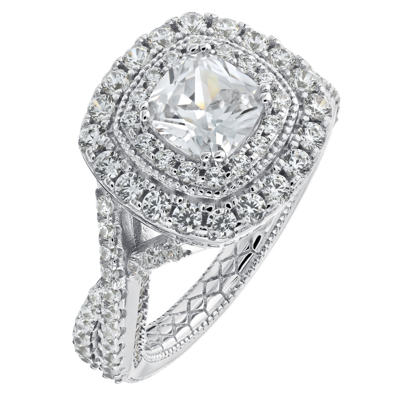 Enchanted Love&trade; 14K White Gold Diamond 1.75 Ctw Square Cushion Double Halo Center with Crossover Shoulders Semi-Mount Engagement Ring