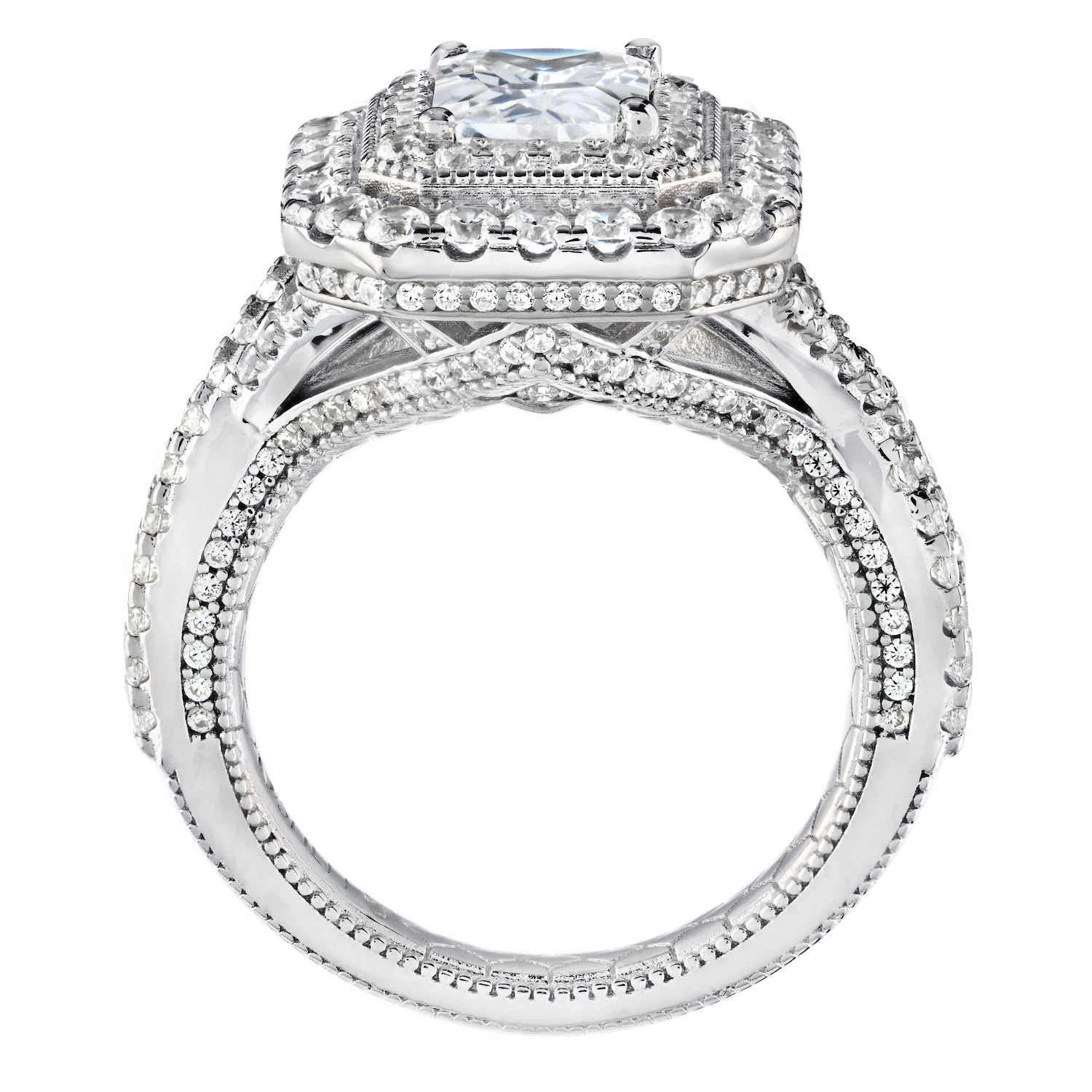 Enchanted Love&trade; 14K White Gold Diamond 1.50 Ctw Emerald Cut Double Halo Center with Crossover Shoulders Semi-Mount Engagement Ring