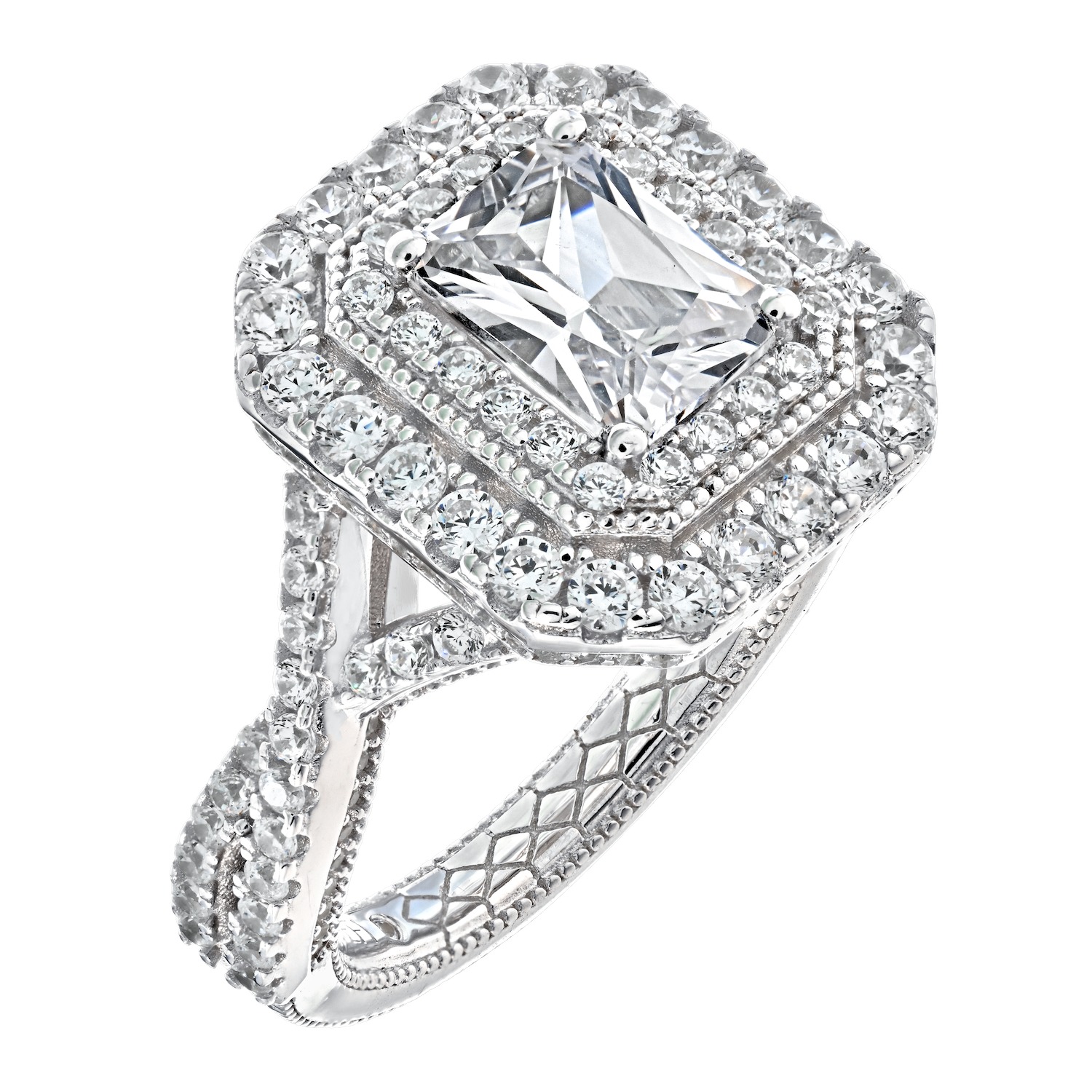 Enchanted Love&trade; 14K White Gold Diamond 1.50 Ctw Emerald Cut Double Halo Center with Crossover Shoulders Semi-Mount Engagement Ring