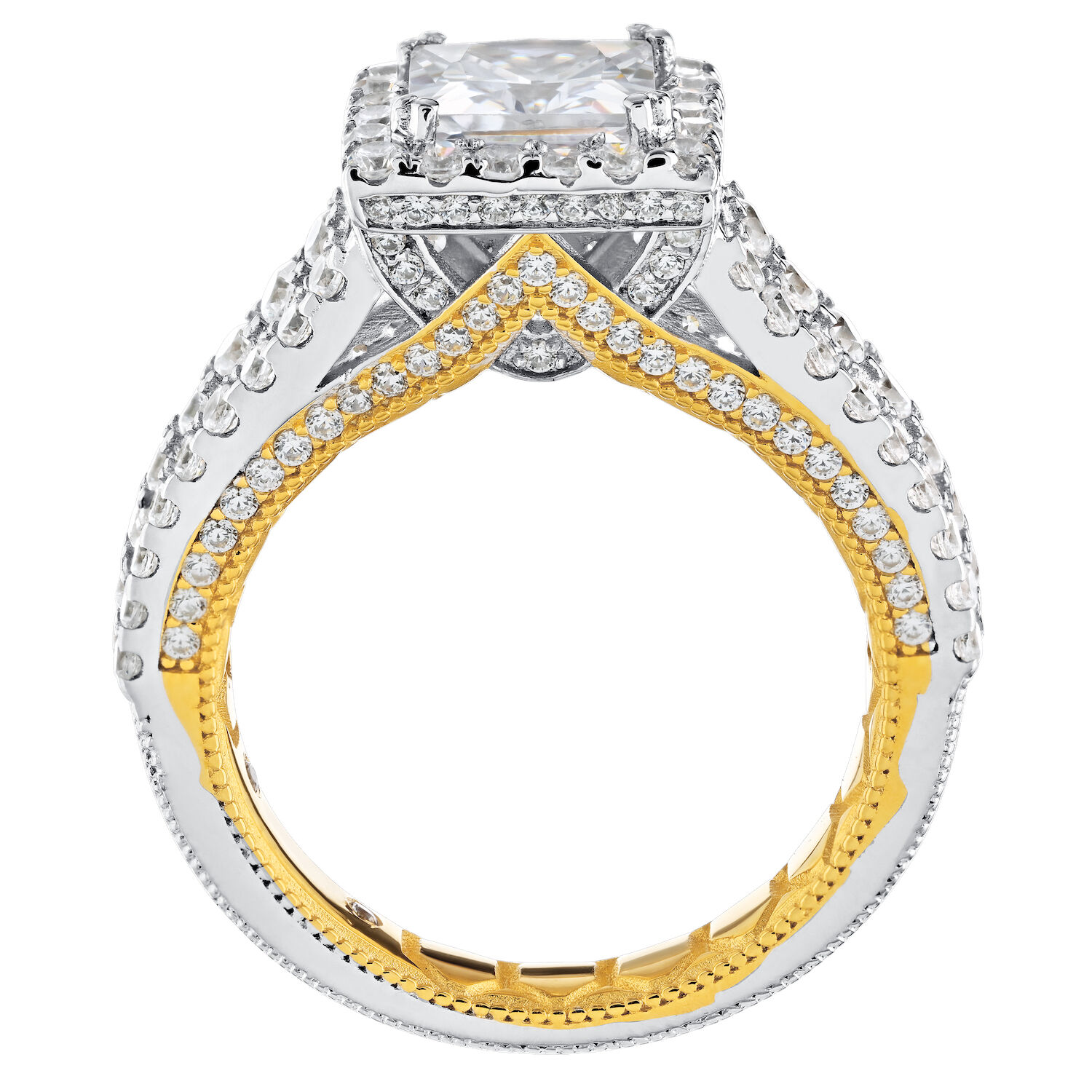 Enchanted Love&trade; 14K Two Tone Diamond 1.50 Ctw Princess Cut Halo Center with 3 Row Prong Set Shoulders Semi-Mount Engagement Ring