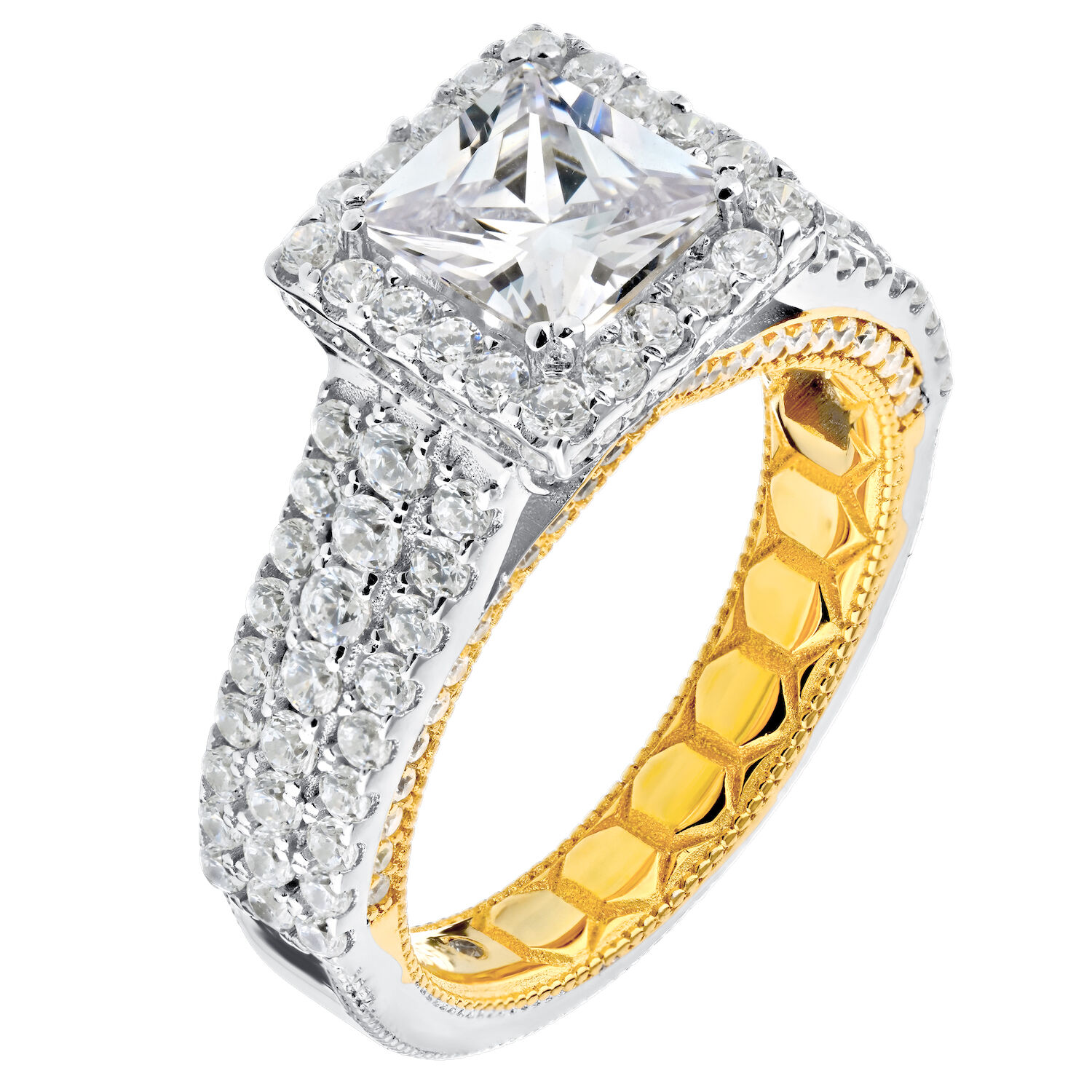 Enchanted Love&trade; 14K Two Tone Diamond 1.50 Ctw Princess Cut Halo Center with 3 Row Prong Set Shoulders Semi-Mount Engagement Ring