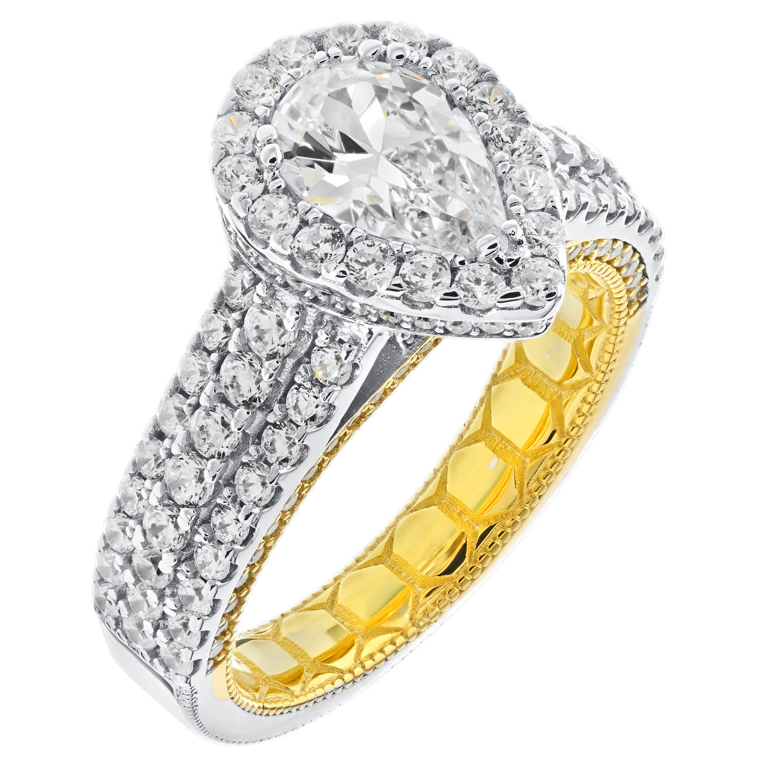 Enchanted Love&trade; 14K Two Tone DiaPS 1.34 Ctw Pear Shape Halo Center with 3 Row Prong Set Shoulders Semi-Mount Engagement Ring