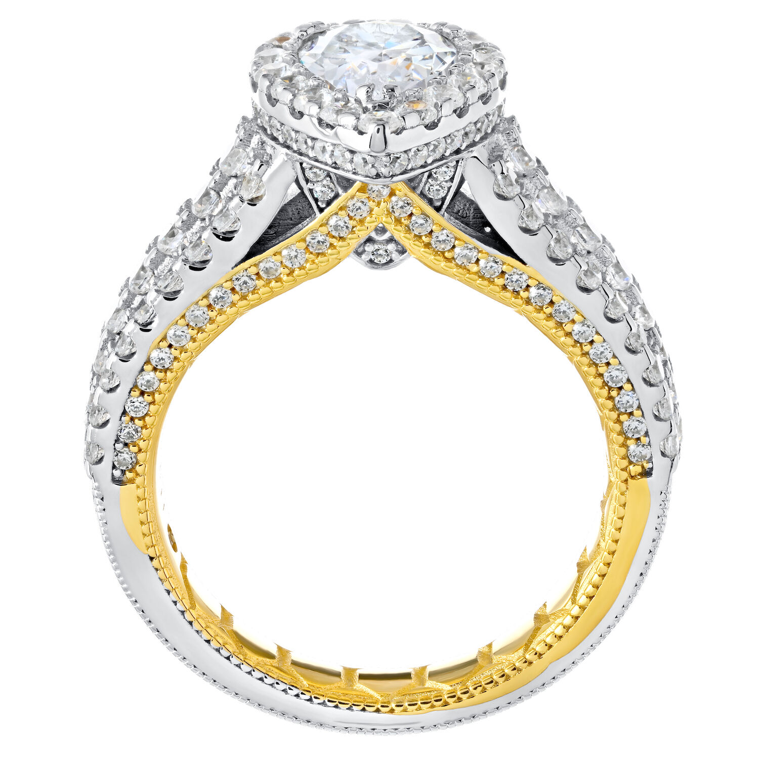 Enchanted Love&trade; 14K Two Tone DiaPS 1.34 Ctw Pear Shape Halo Center with 3 Row Prong Set Shoulders Semi-Mount Engagement Ring