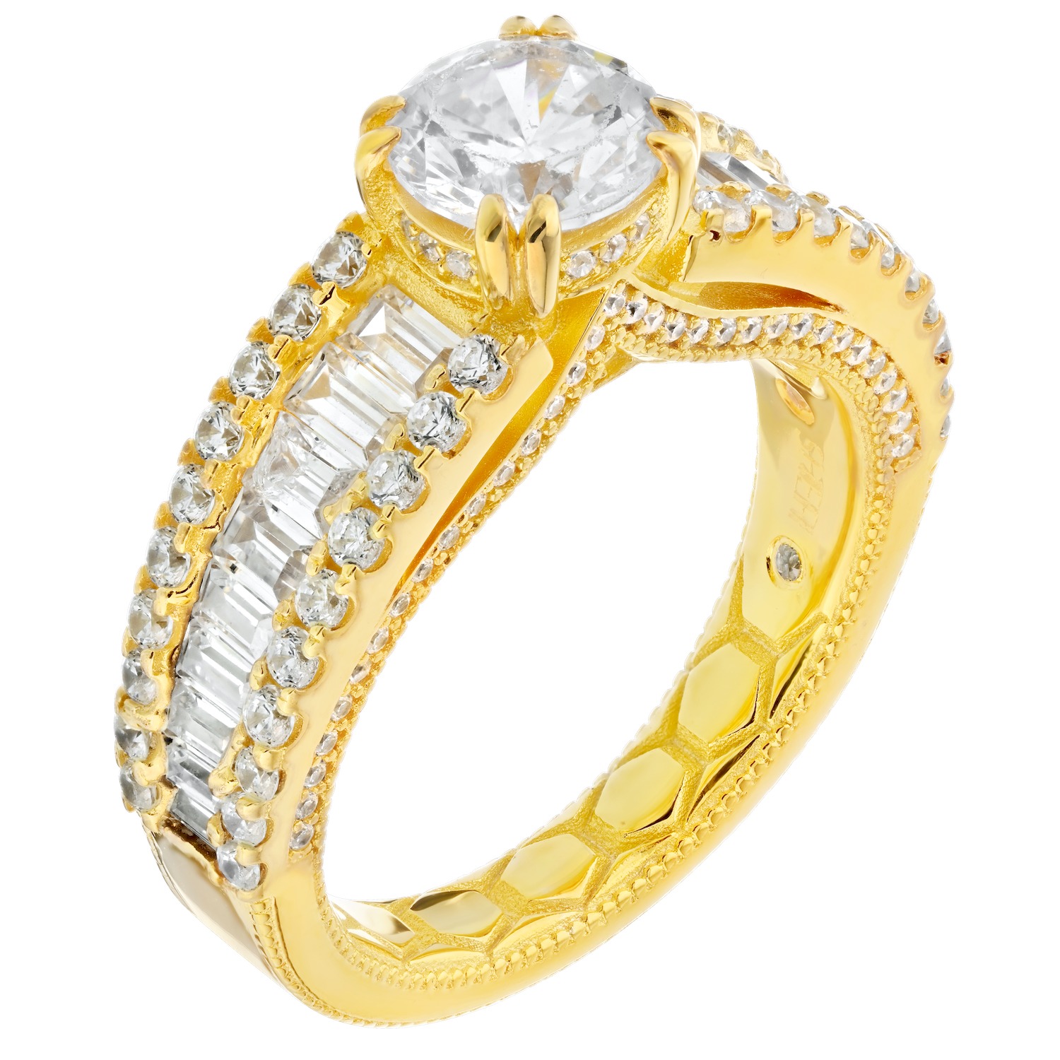 Enchanted Love&trade; 14K Yellow Gold Diamond 1.34 Ctw Round Prong Center with Baguette Channel Set Shoulders Prong Set Rails Semi-Mount Engagement Ring