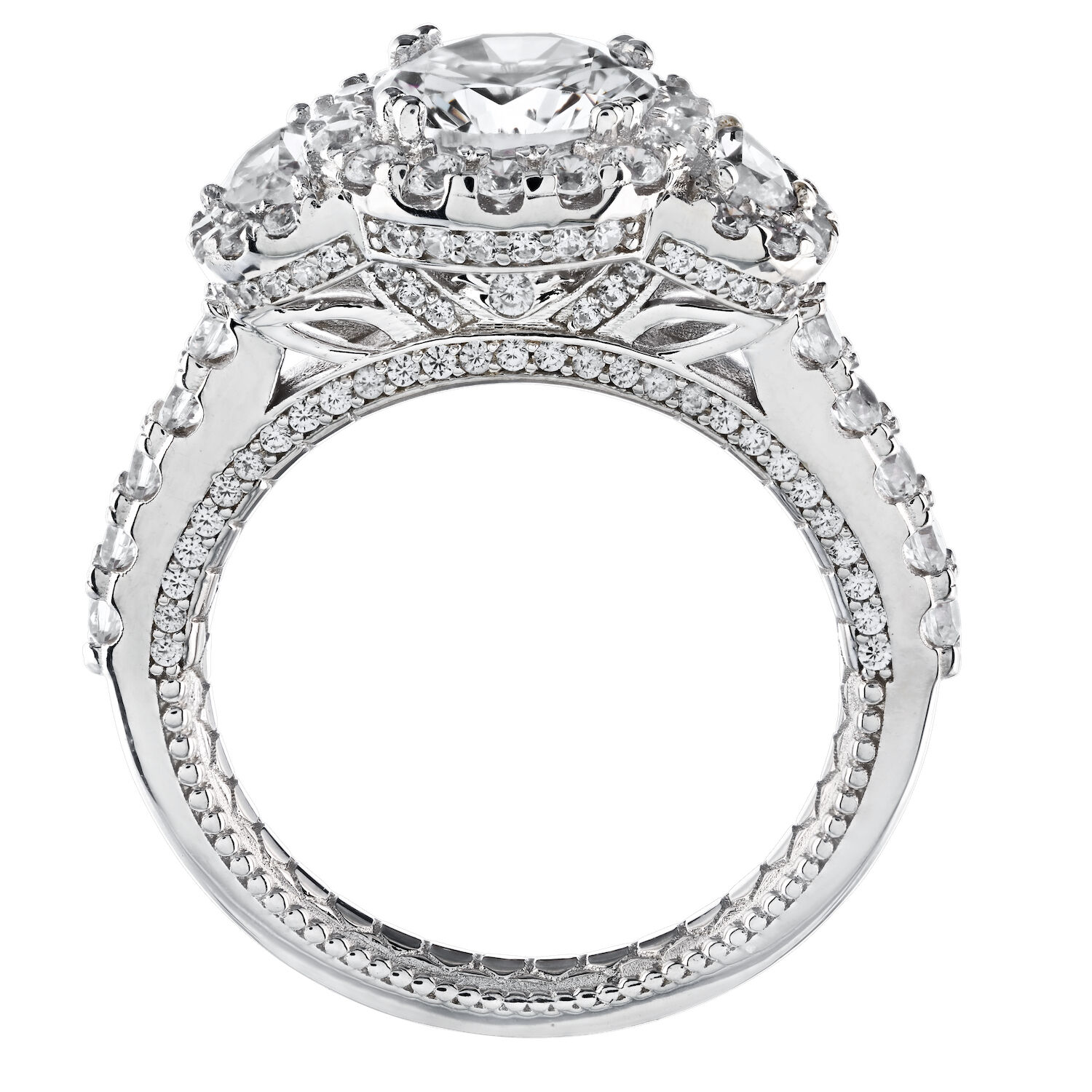 Enchanted Love&trade; 14K White Gold Diamond 1.52 Ctw Round Halo Center with Half Moon Halo Shoulders Semi-Mount Engagement Ring