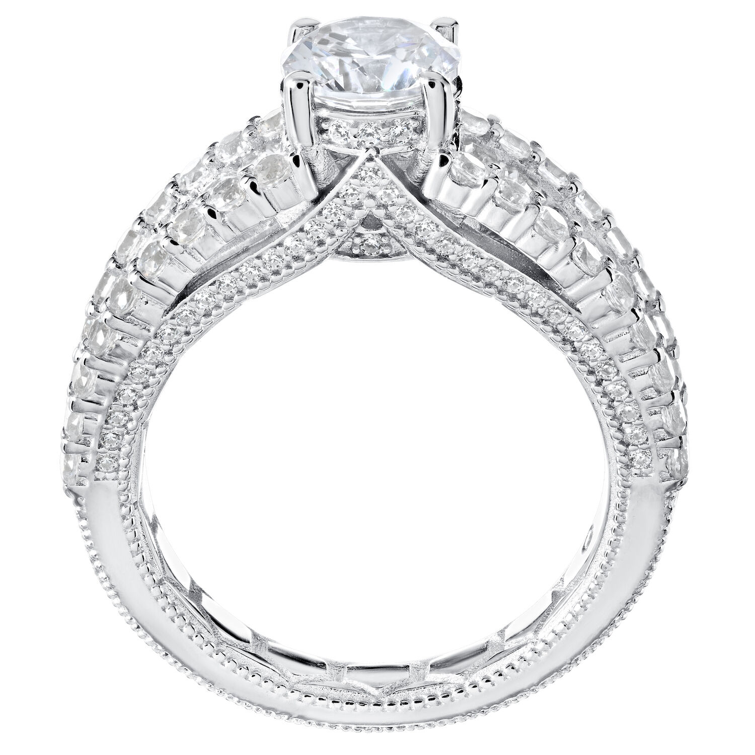 Enchanted Love&trade; 14K White Gold Diamond 1.00 Ctw Round Prong Set Center with Channel Set Baguette & Round Prong Rails Wide Semi-Mount Engagement Ring