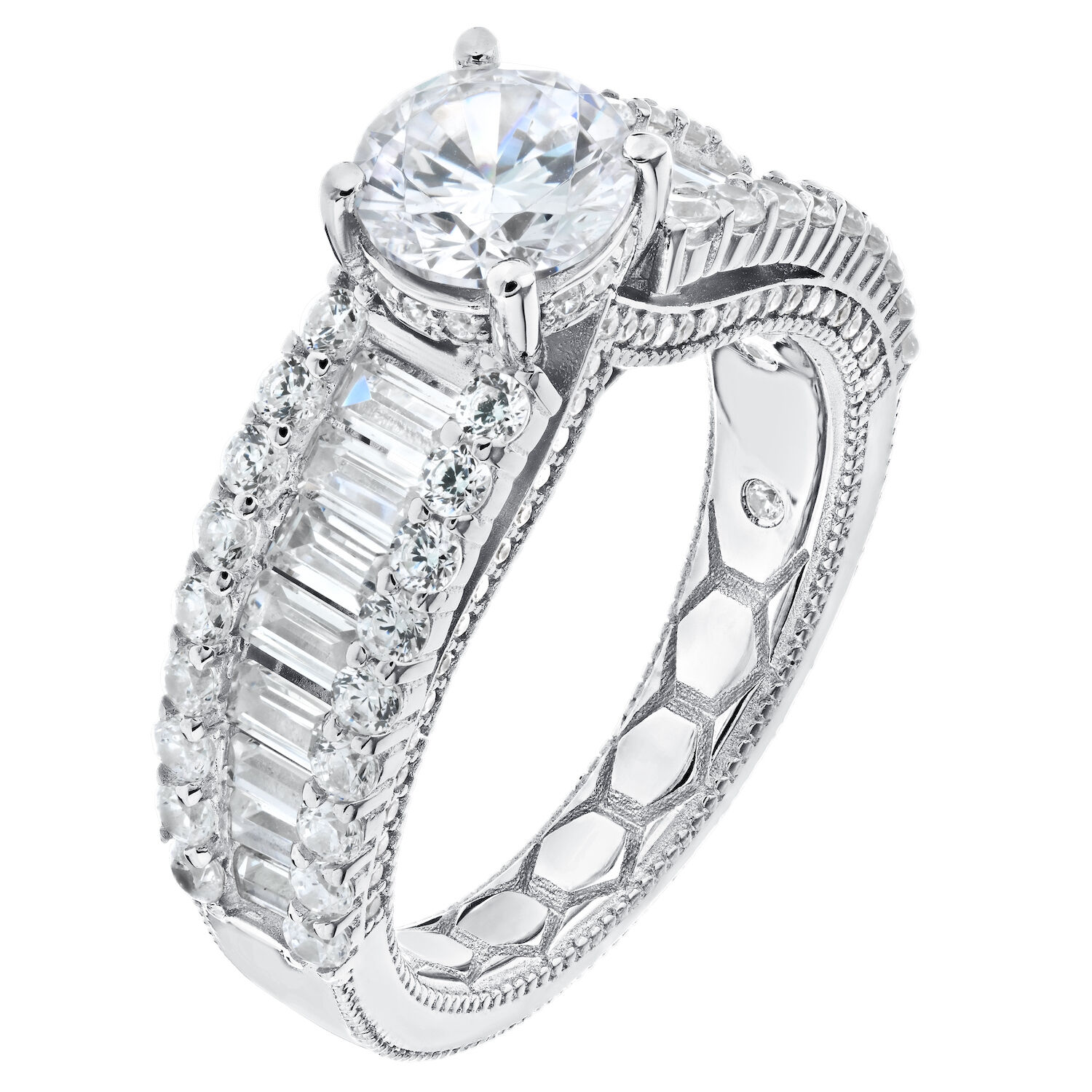 Enchanted Love&trade; 14K White Gold Diamond 1.00 Ctw Round Prong Set Center with Channel Set Baguette & Round Prong Rails Wide Semi-Mount Engagement Ring