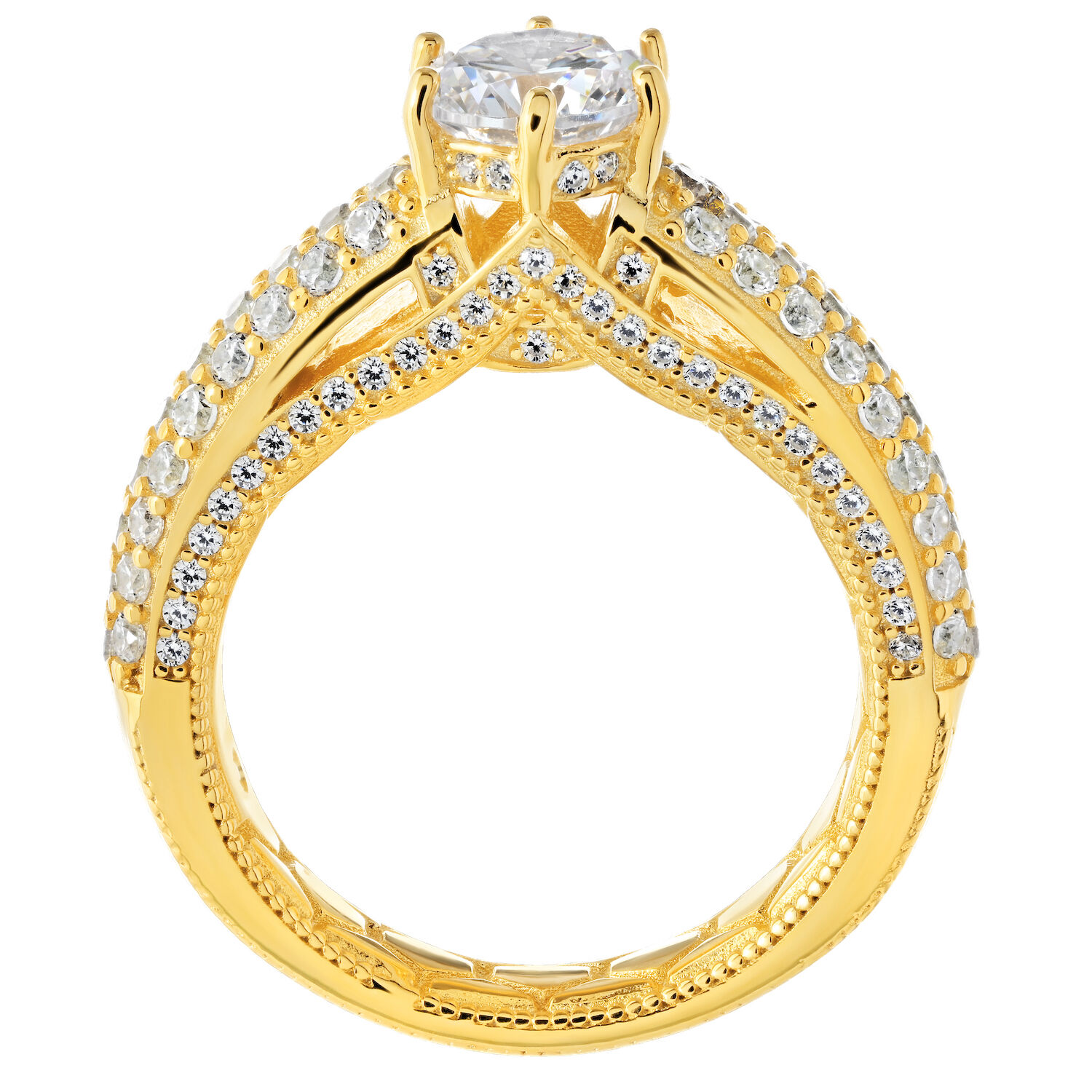 Enchanted Love&trade; 14K Yellow Gold Diamond 1.00 Ctw Prong Set Round Center with 3 Row Pave Wide Shank Semi-Mount Engagement Ring