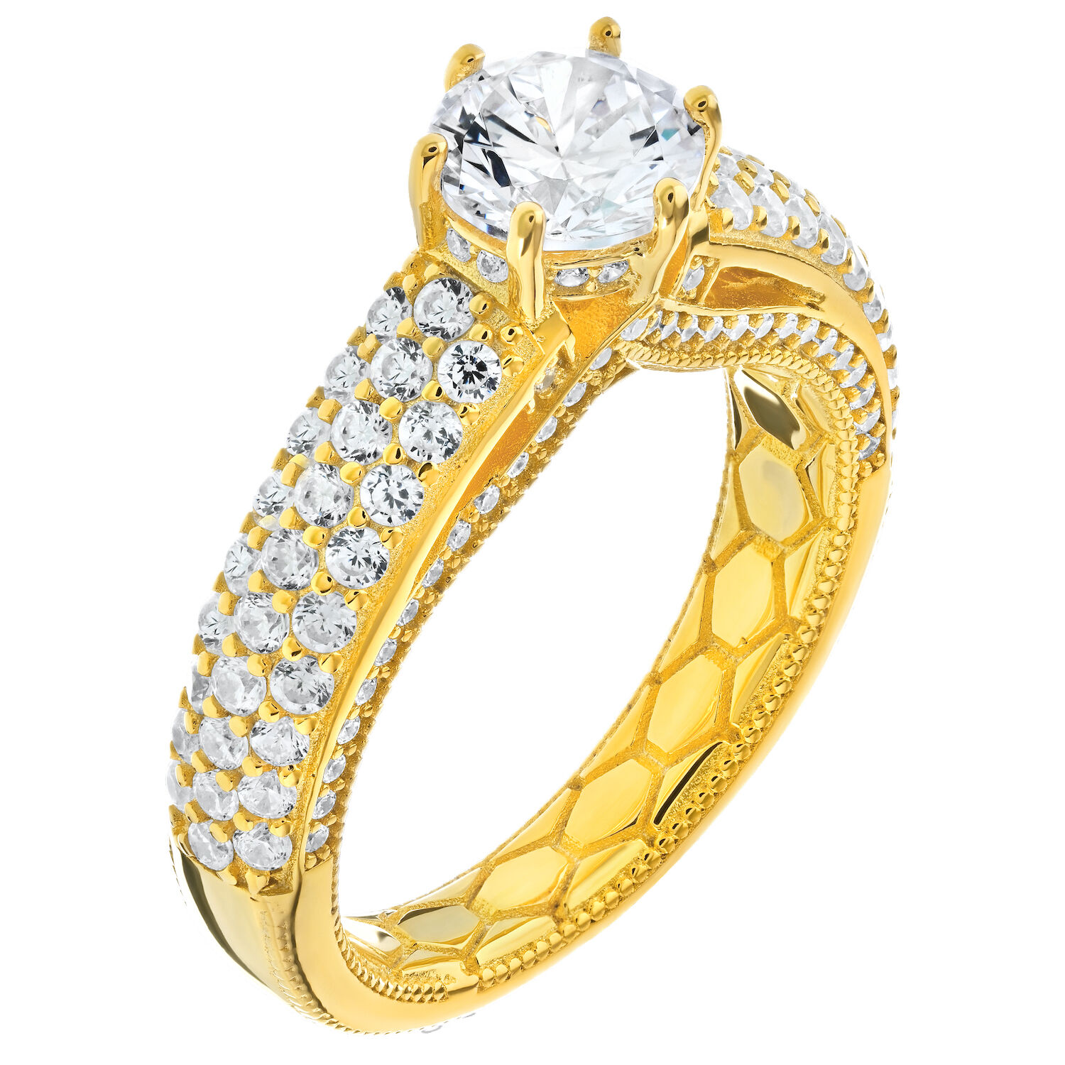 Enchanted Love&trade; 14K Yellow Gold Diamond 1.00 Ctw Prong Set Round Center with 3 Row Pave Wide Shank Semi-Mount Engagement Ring