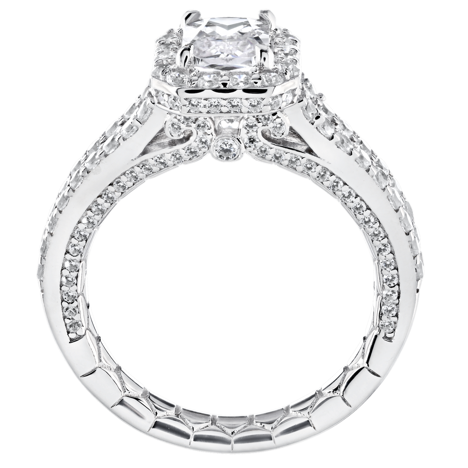 Enchanted Love&trade; 14K White Gold Diamond 1.00 Ctw Semi-Mount: 14KW Emerald Cut Halo w/Split Shank Hidden Diamond Sides 166 Dias. 1.00 Ctw Takes 5*7MM Center Semi-Mount Engagement Ring