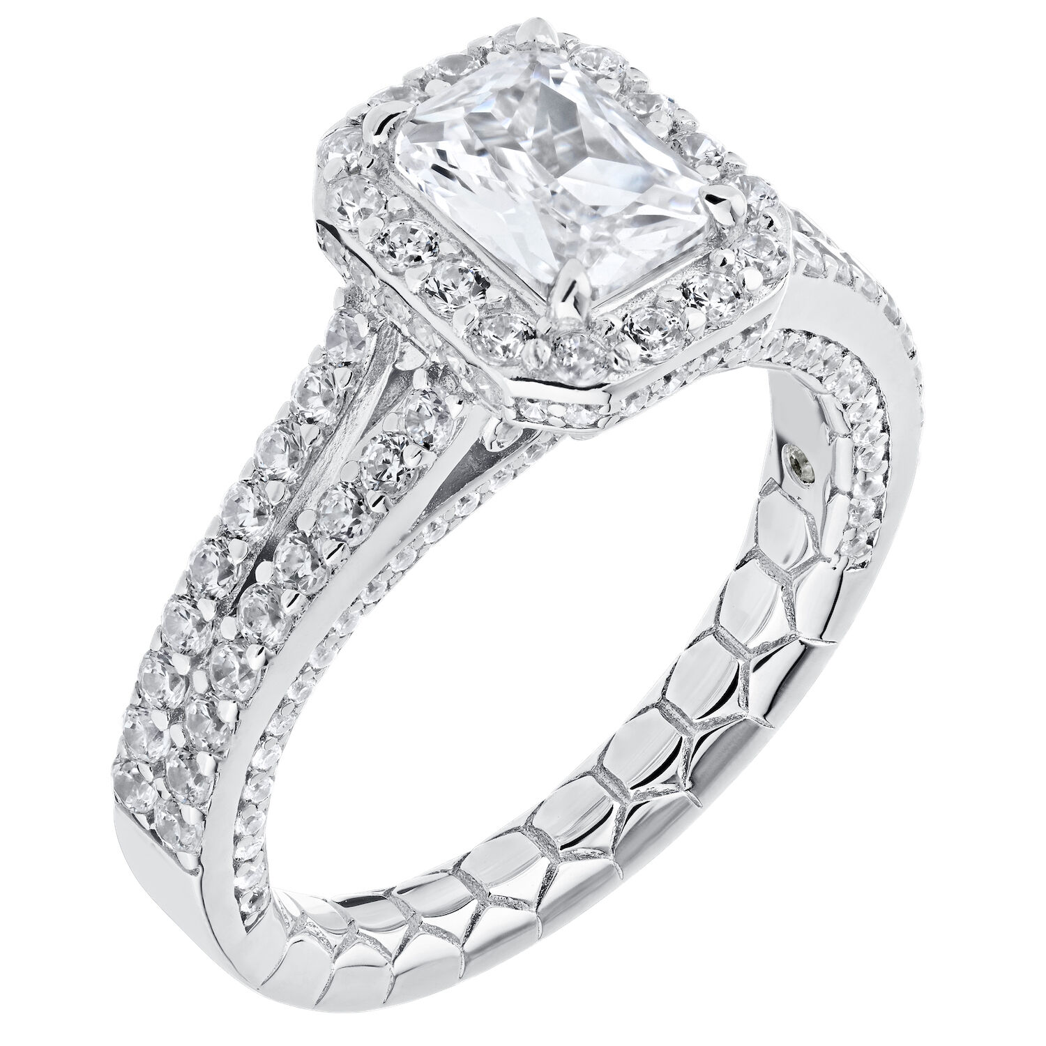 Enchanted Love&trade; 14K White Gold Diamond 1.00 Ctw Semi-Mount: 14KW Emerald Cut Halo w/Split Shank Hidden Diamond Sides 166 Dias. 1.00 Ctw Takes 5*7MM Center Semi-Mount Engagement Ring