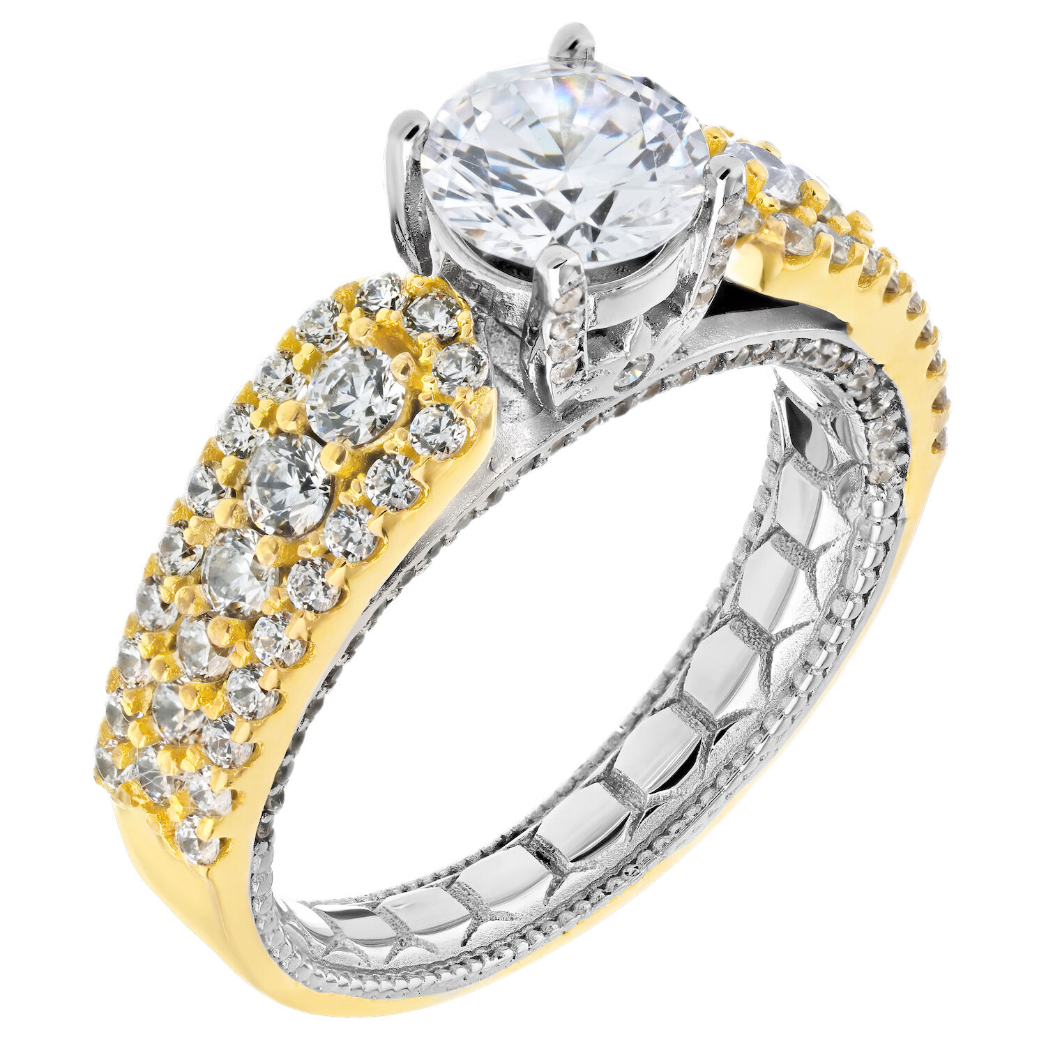 Enchanted Love&trade; 14K Two Tone Diamond 1.00 Ctw Round Prong Set Center with 3 Rows Prong Set Shoulders Semi-Mount Engagement Ring