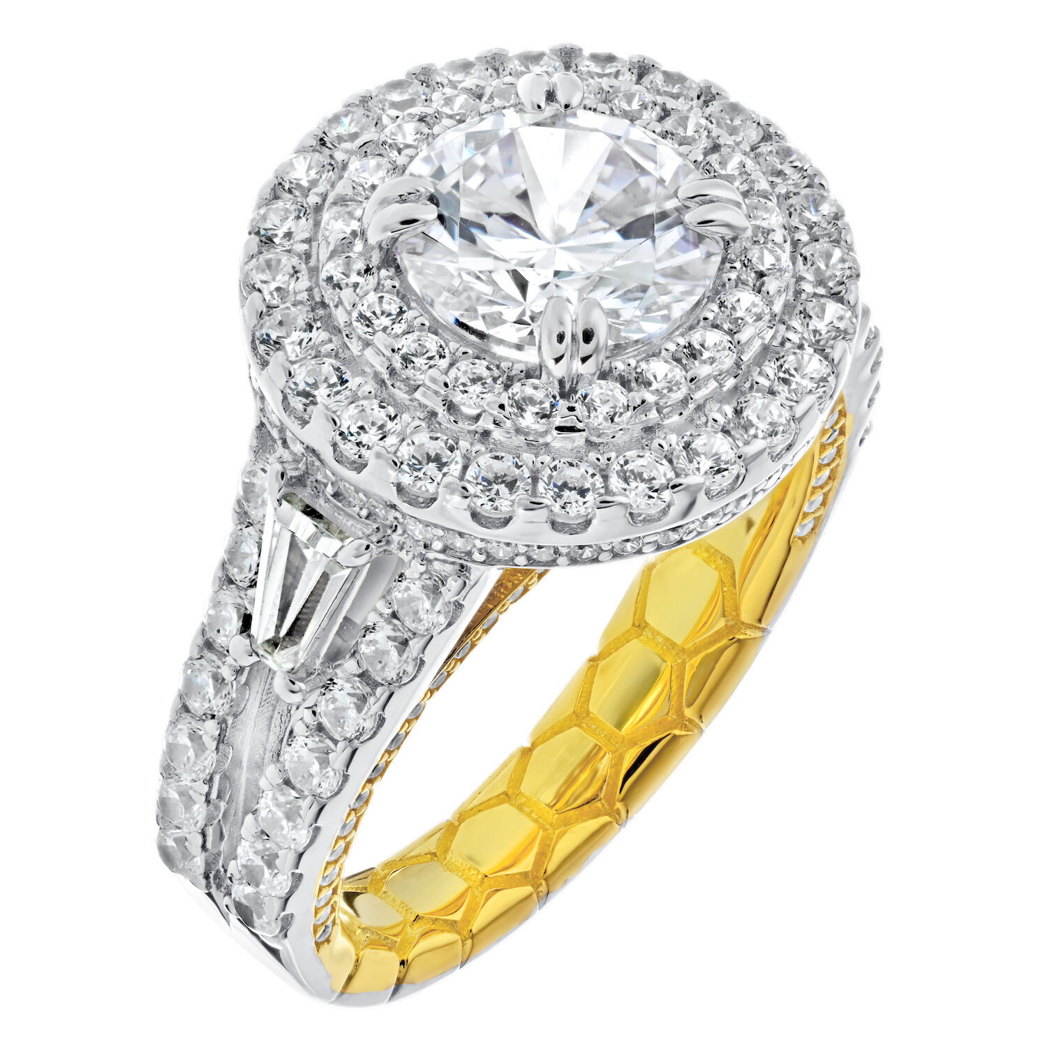 Enchanted Love&trade; 14K Two Tone Diamond 2.00 Ctw Round Double Halo Center with Tapered Baguette Shoulders Semi-Mount Engagement Ring