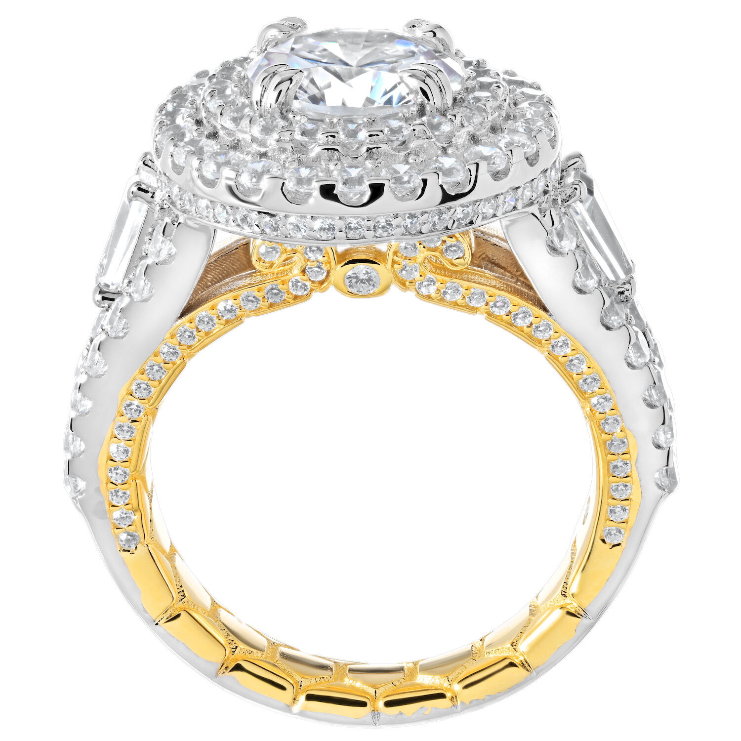 Enchanted Love&trade; 14K Two Tone Diamond 2.00 Ctw Round Double Halo Center with Tapered Baguette Shoulders Semi-Mount Engagement Ring