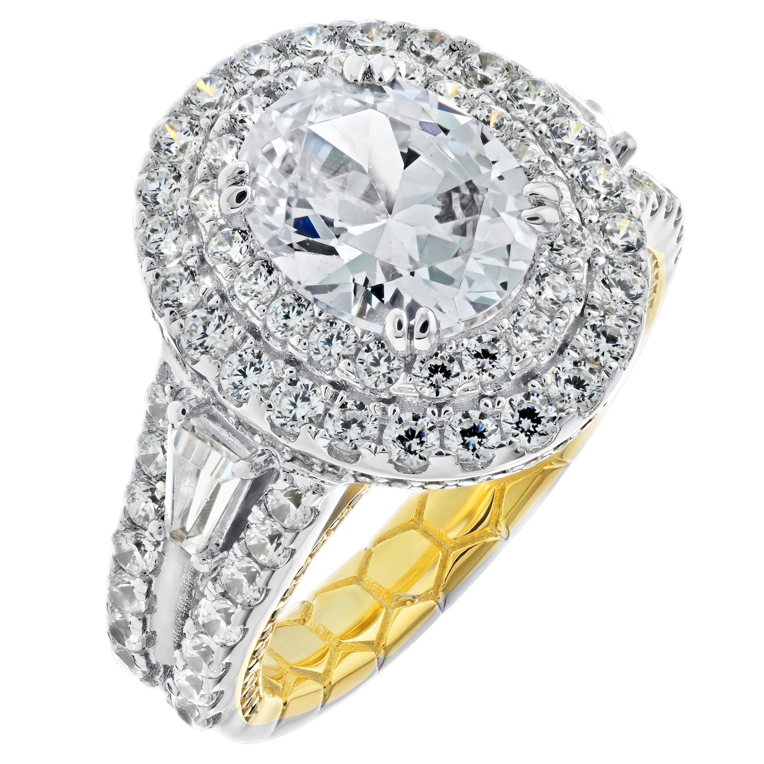 Enchanted Love&trade; 14K Two Tone Diamond 2.02 Ctw Oval Double Halo Center with Tapered Baguette Shoulders Semi-Mount Engagement Ring