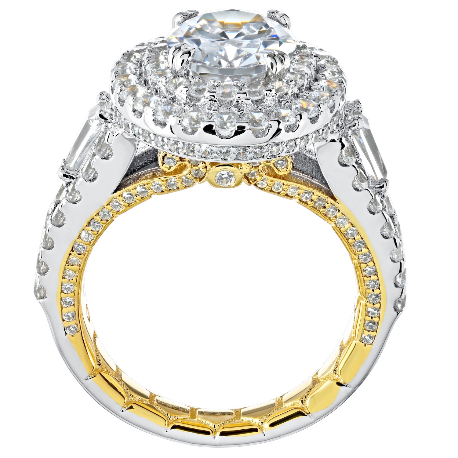 Enchanted Love&trade; 14K Two Tone Diamond 2.02 Ctw Oval Double Halo Center with Tapered Baguette Shoulders Semi-Mount Engagement Ring