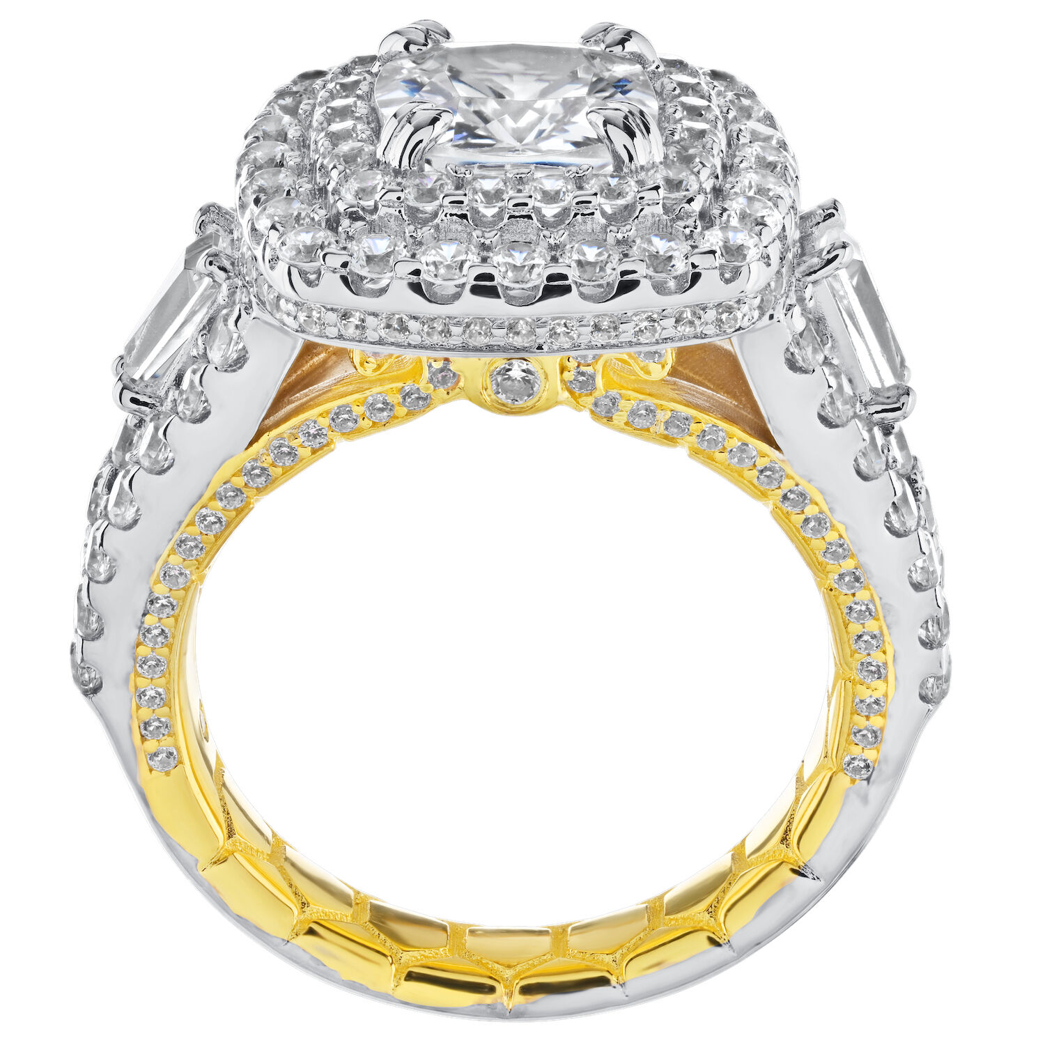 Enchanted Love&trade; 14K Two Tone Diamond 2.11 Ctw Cushion Shape Double Halo Center with Tapered Baguette Shoulders Semi-Mount Engagement Ring