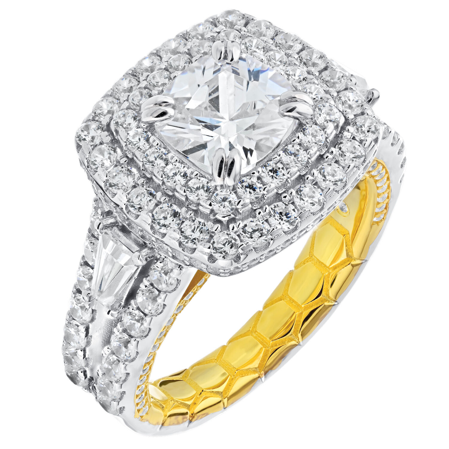 Enchanted Love&trade; 14K Two Tone Diamond 2.11 Ctw Cushion Shape Double Halo Center with Tapered Baguette Shoulders Semi-Mount Engagement Ring