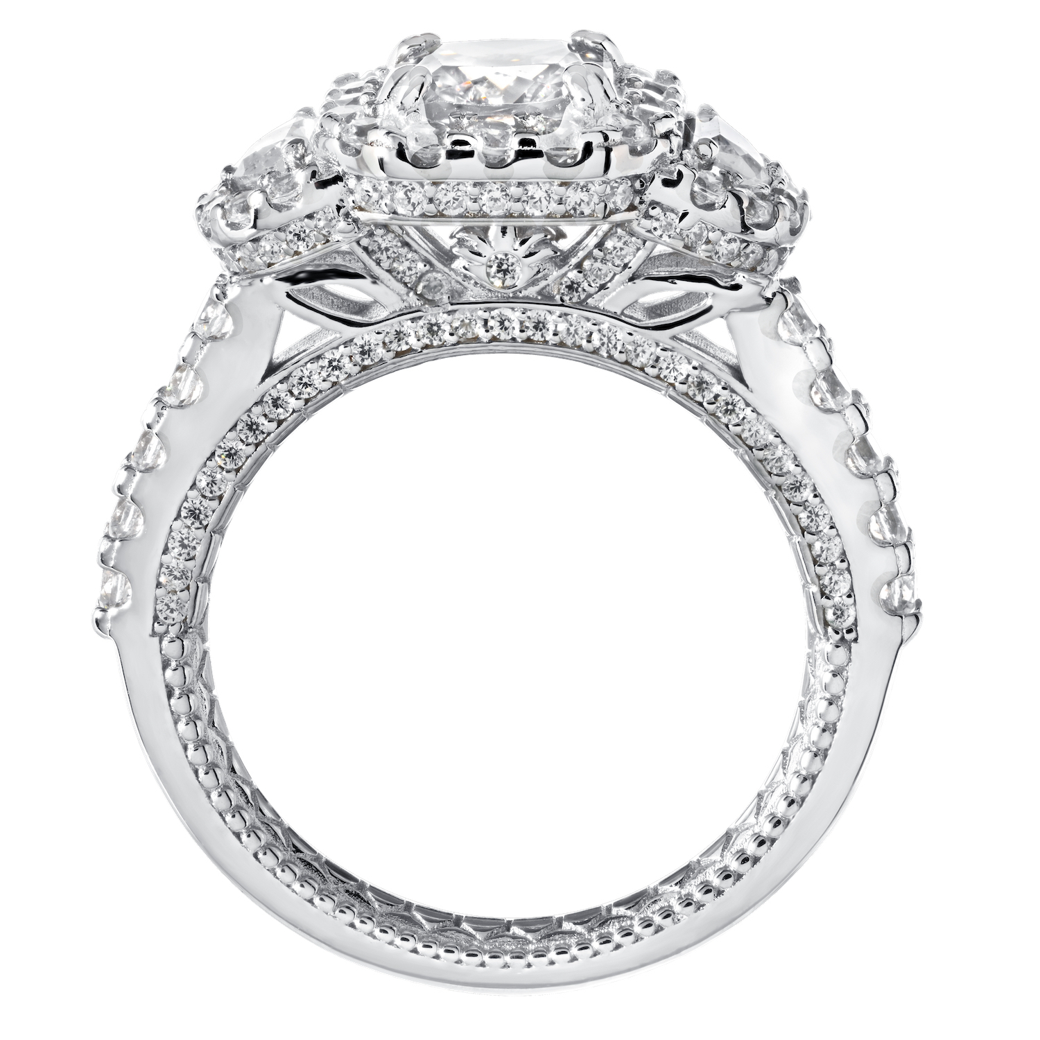Enchanted Love&trade; 14K White Gold Diamond 1.54 Ctw Asscher Halo Center with Half Moon Halo Shoulders Semi-Mount Engagement Ring