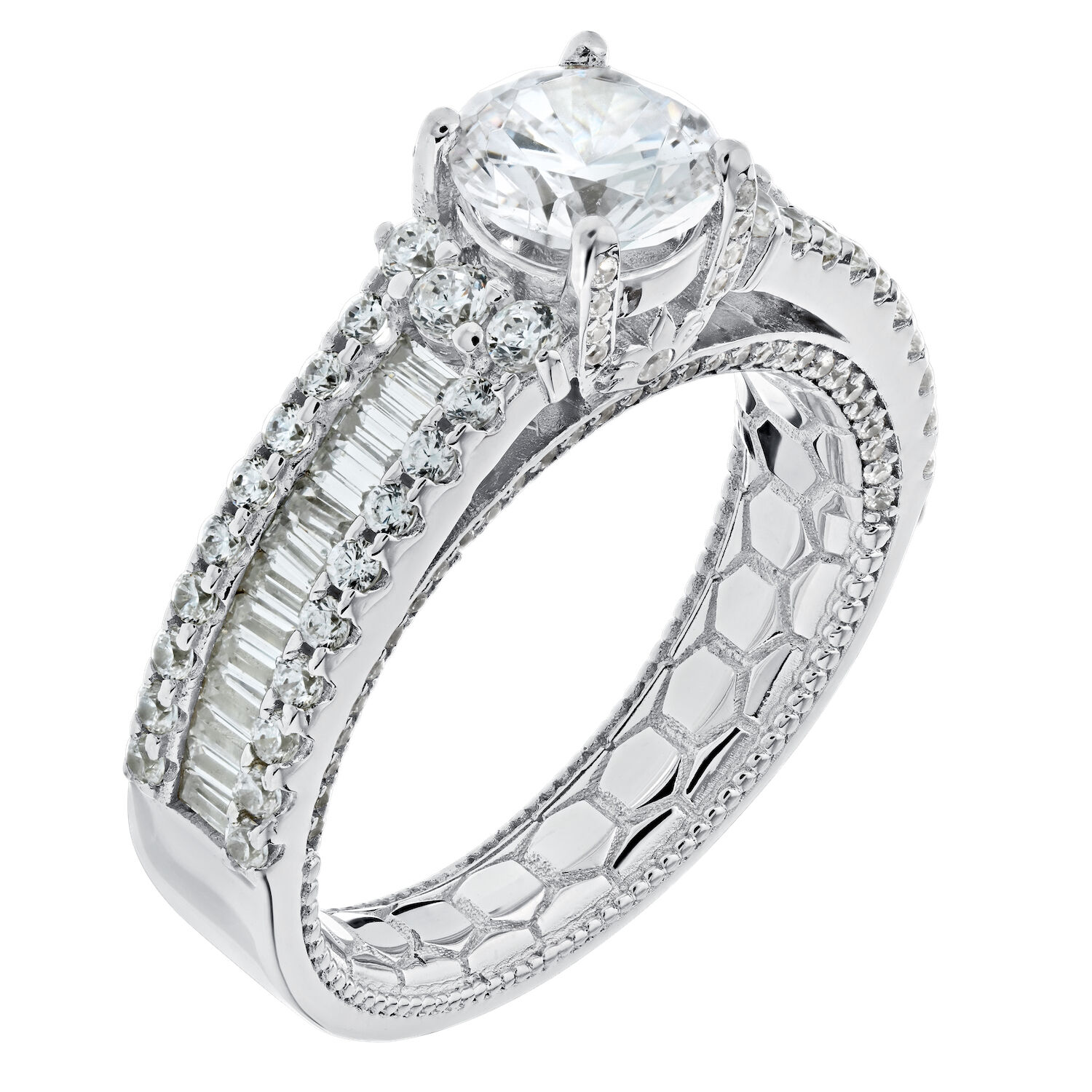 Enchanted Love&trade; 14K White Gold Diamond 1.25 Ctw Prong Set Center with Channel Set Baguettes & Round Prong Set Rails Semi-Mount Engagement Ring