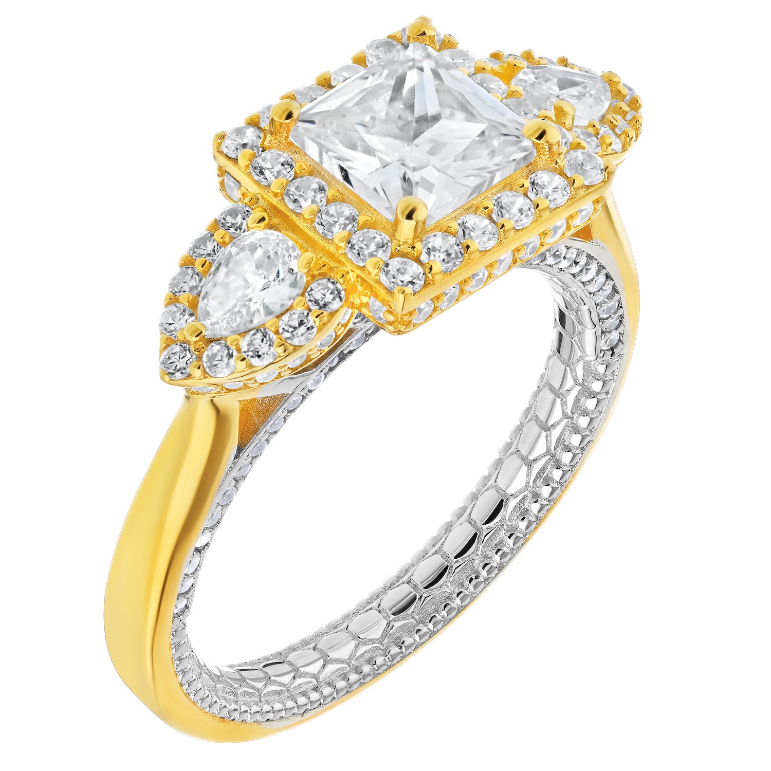 Enchanted Love&trade; 14K Two Tone DiaPS 1.00 Ctw Princess Cut Halo Center with Pear Shape Halo Shoulders Semi-Mount Engagement Ring