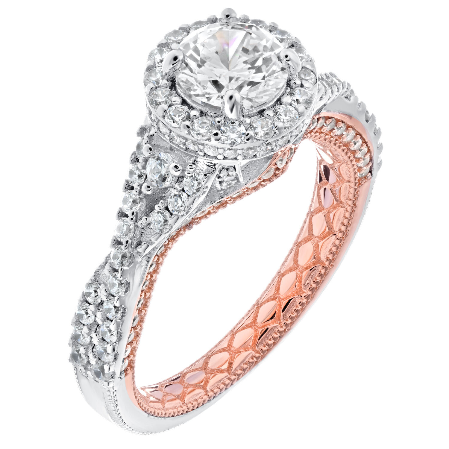 Enchanted Love&trade; 14K Two Tone Diamond 1.00 Ctw Round Halo Center with Crossover Shoulders Semi-Mount Engagement Ring