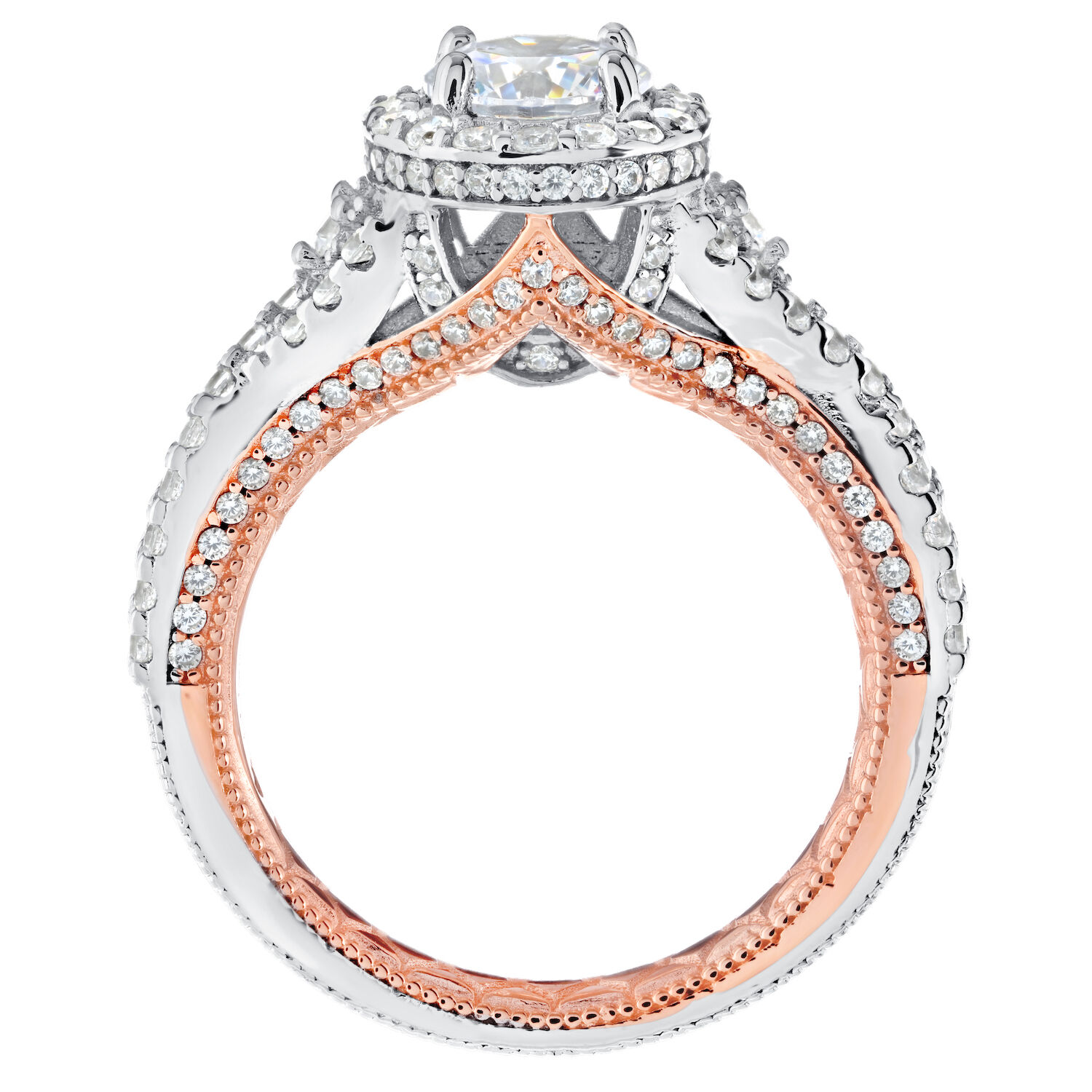 Enchanted Love&trade; 14K Two Tone Diamond 1.00 Ctw Round Halo Center with Crossover Shoulders Semi-Mount Engagement Ring