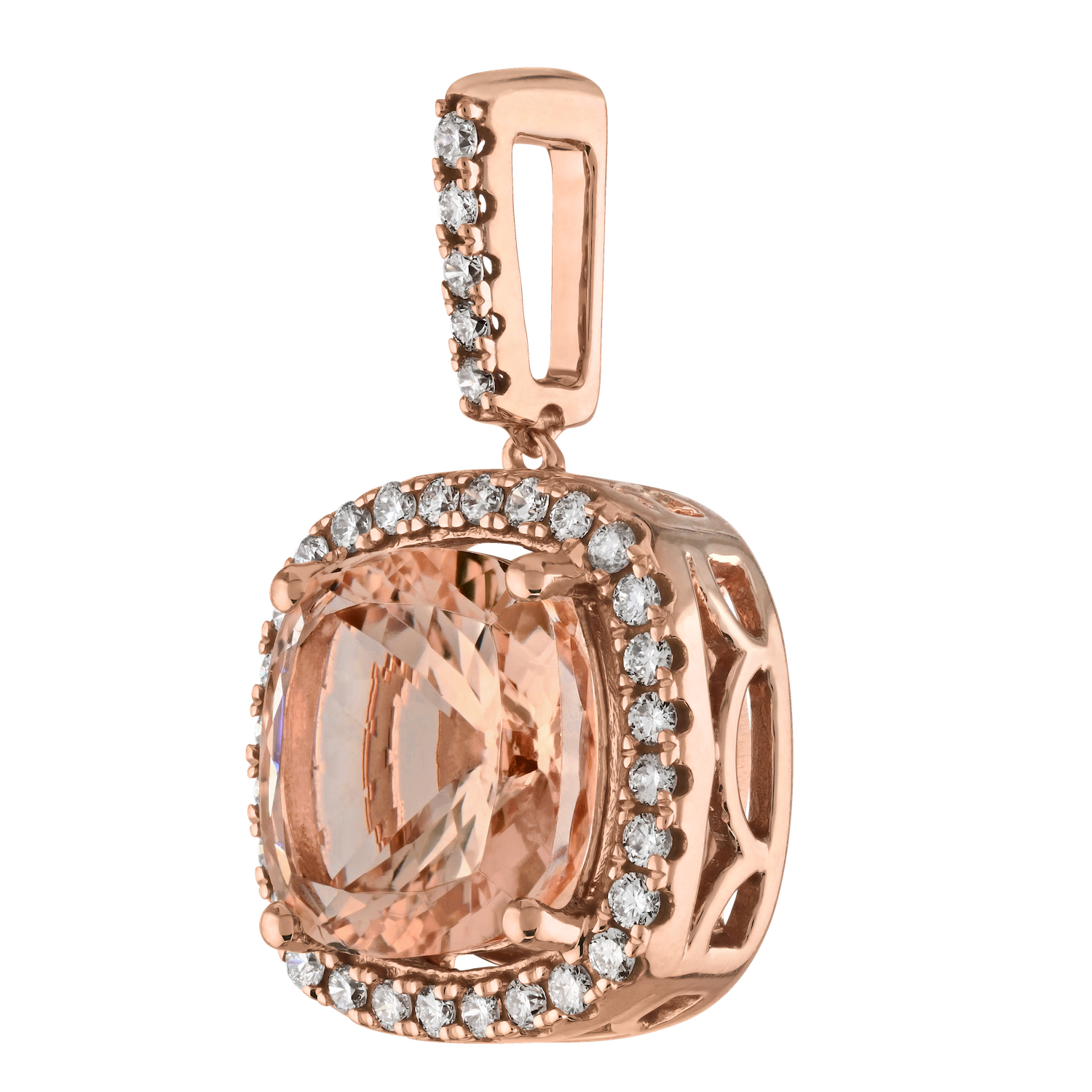 Pendant: 14KR Cushion Shape Morganite Halo Diamond Bail 33 Rd. 1/4 - 1 MO 3 1/3 Ctw