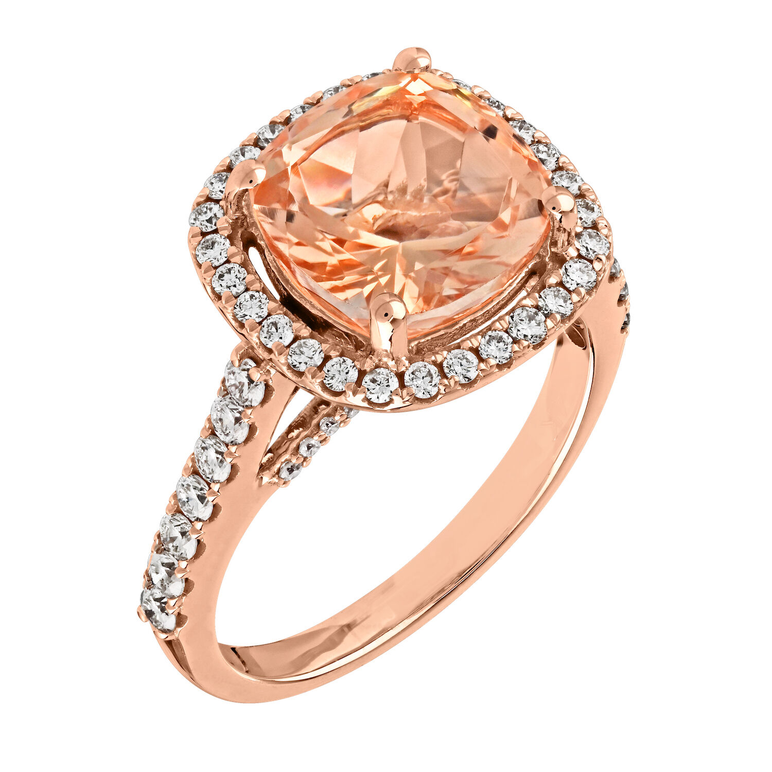 Ring: 14KR Cushion Shape Morganite Halo Diamond Shoulders 76 Rd. 3/4 - 1 MO 3 1/4 Ctw