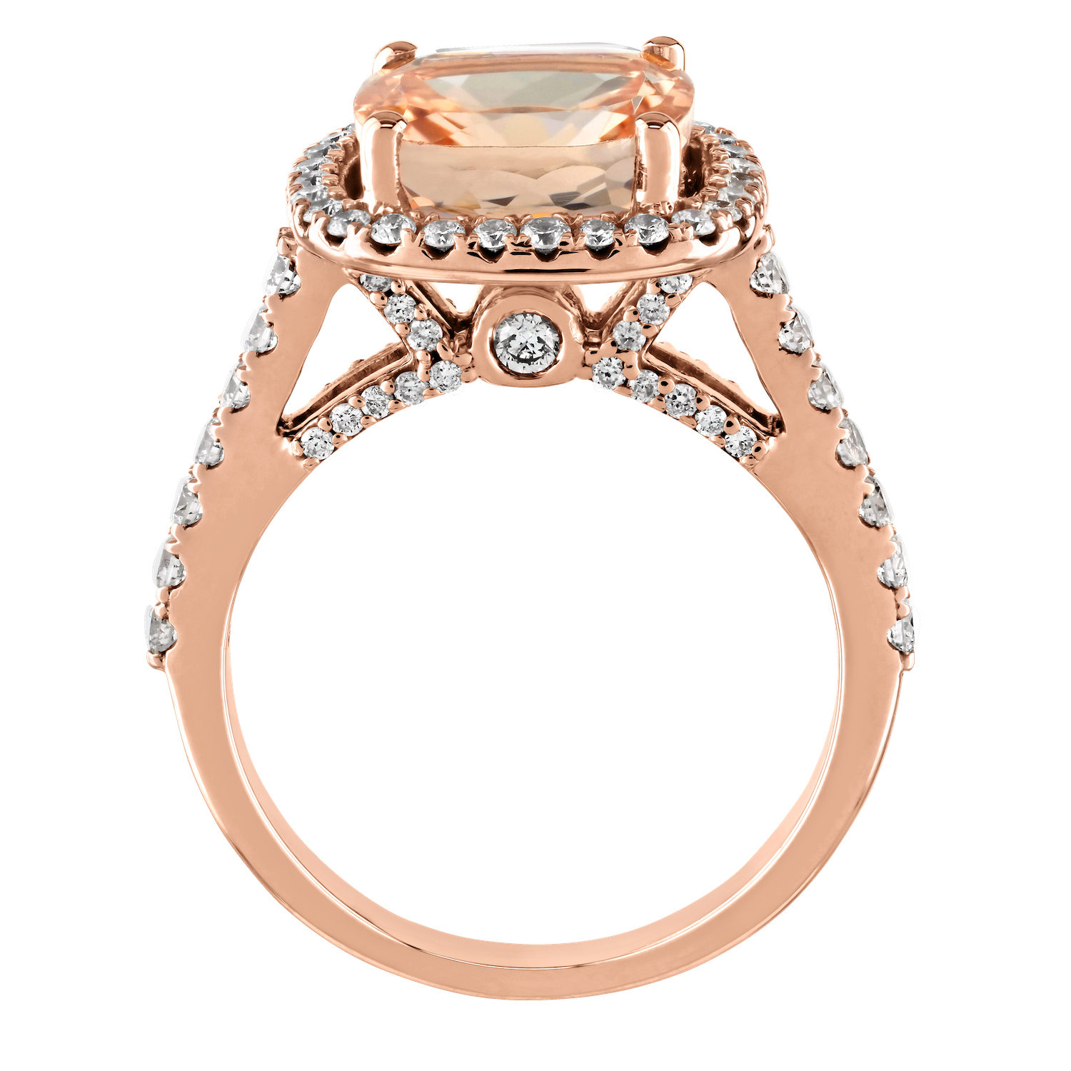 Ring: 14KR Cushion Shape Morganite Halo Diamond Shoulders 76 Rd. 3/4 - 1 MO 3 1/4 Ctw