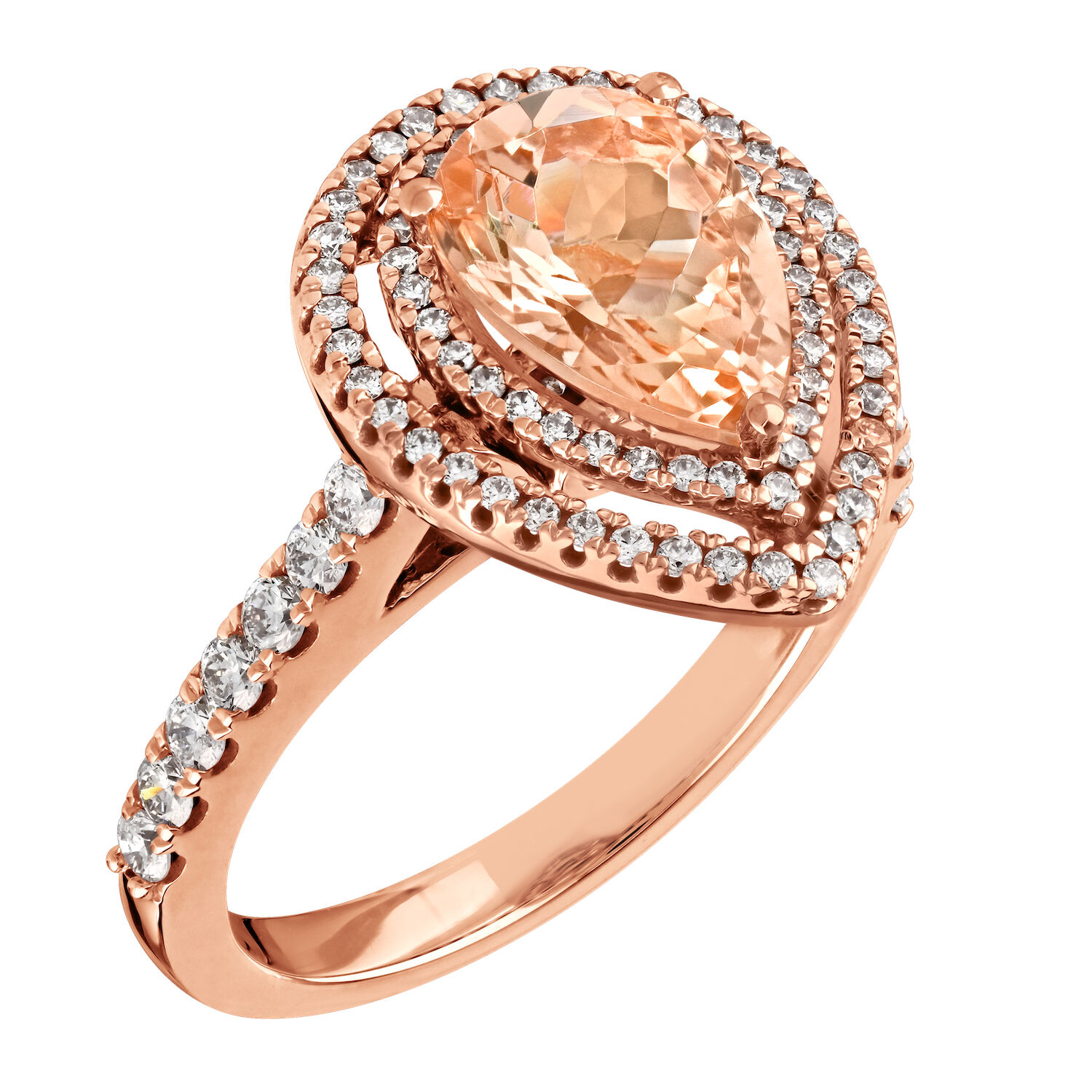 Ring: 14KR Pear-Shape Morganite Double Halo Diamond Shoulders 86 Rd. 5/8 - 1 MO 2.00 Ctw