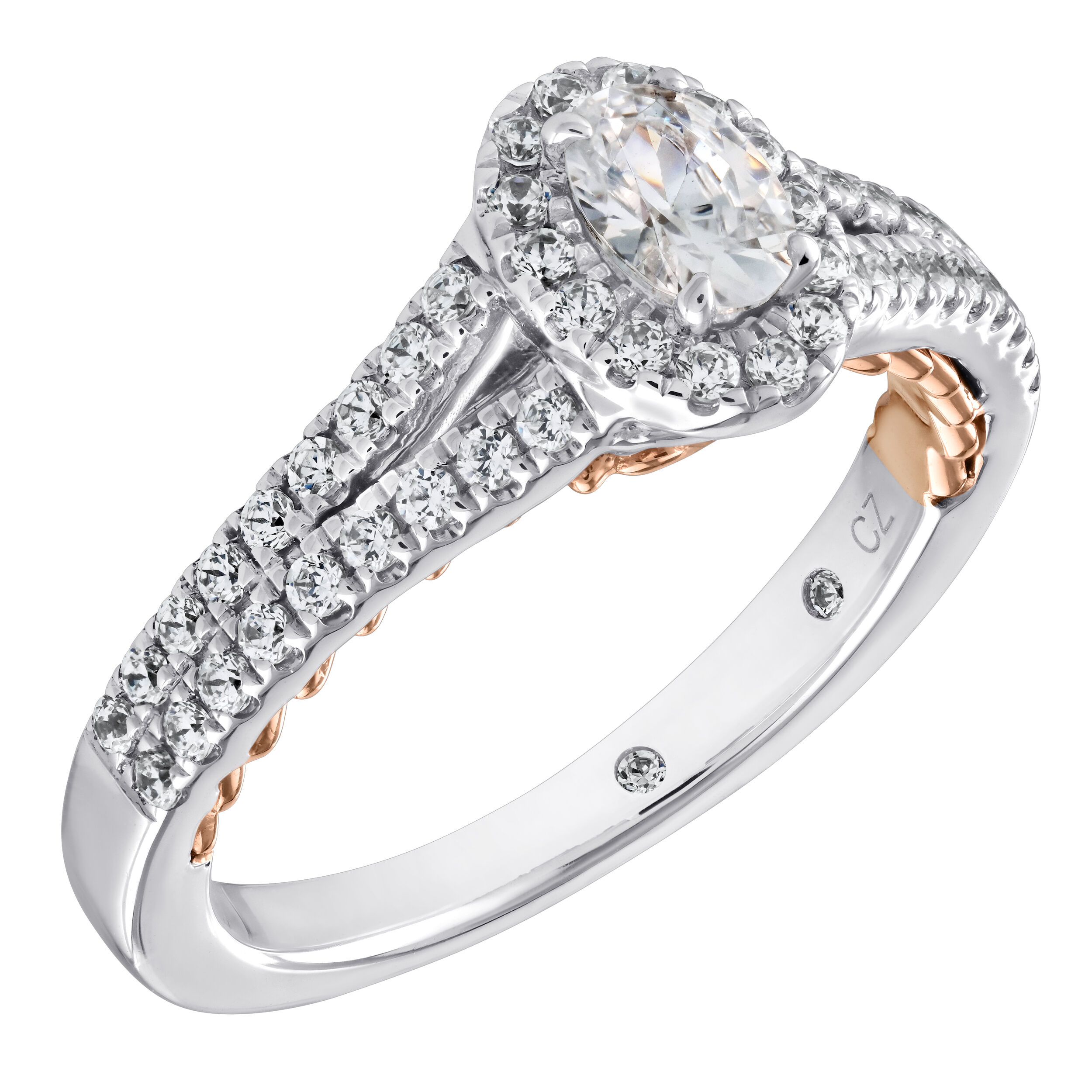 Celestial Love&trade; 14K Two Tone Diamond Oval Halo Split Shank 0.73 Ctw