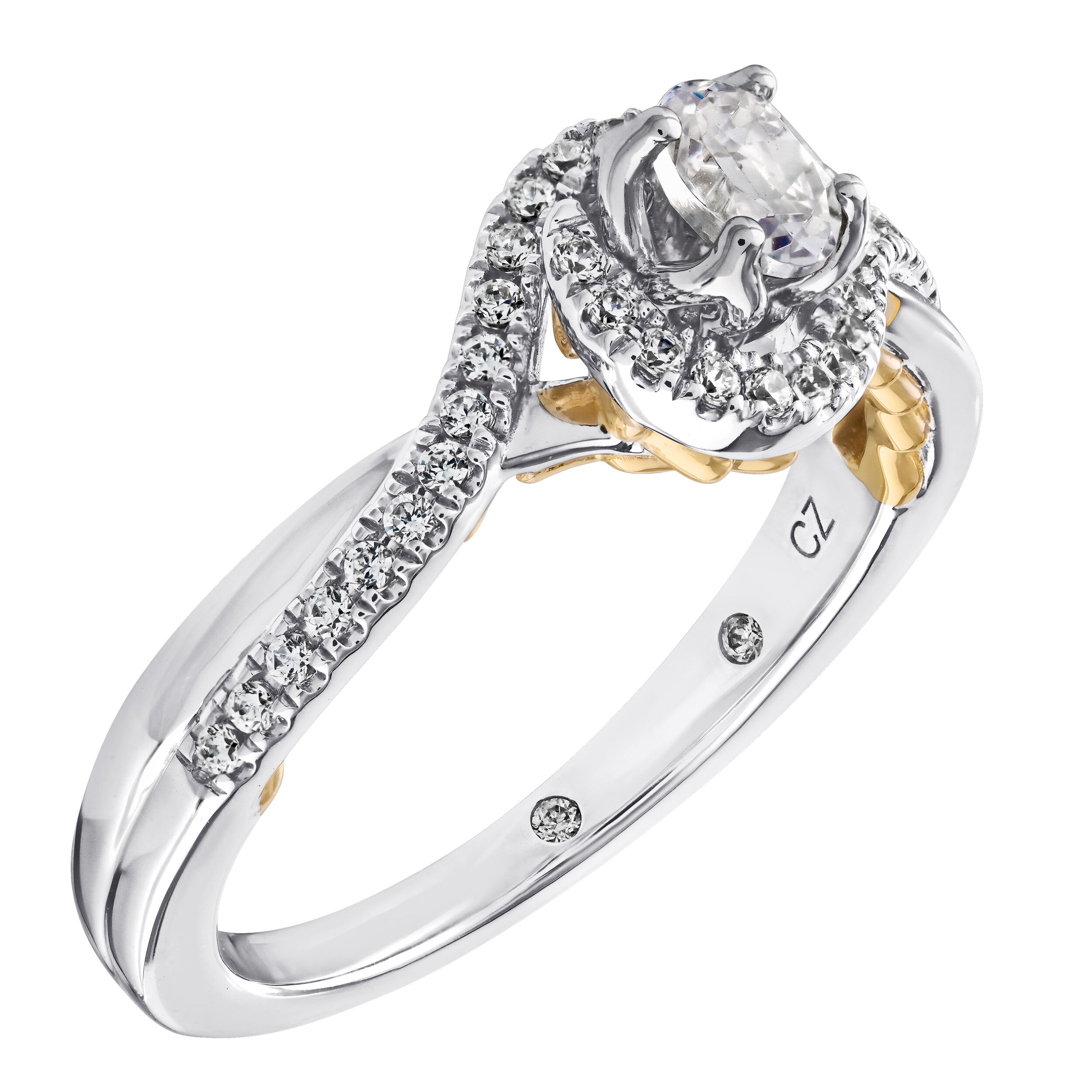 Celestial Love&trade; 14K Two Tone Diamond Oval Halo Crossover Asymmetrical Shoulders 0.39 Ctw