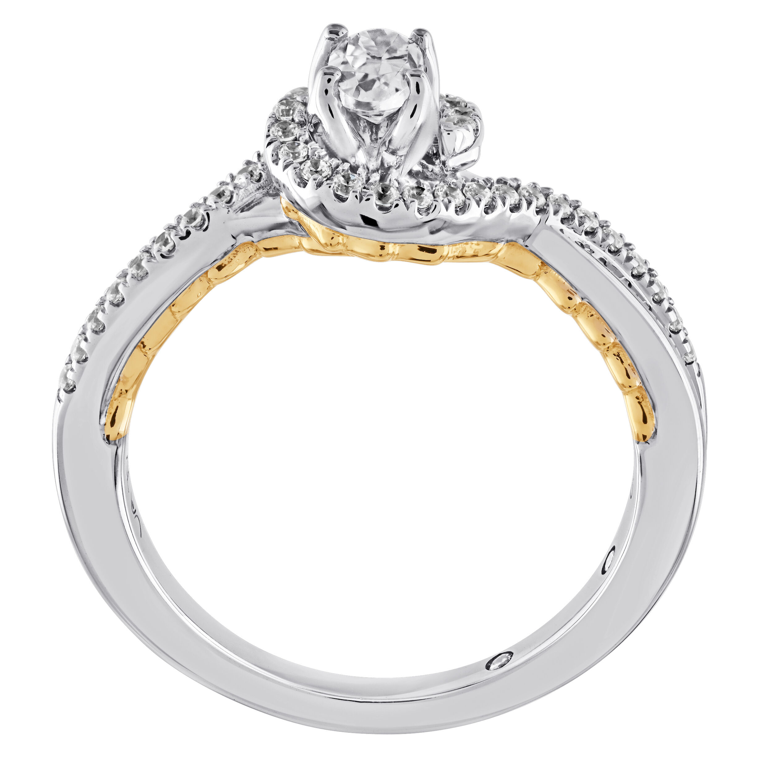 Celestial Love&trade; 14K Two Tone Diamond Oval Halo Crossover Asymmetrical Shoulders 0.39 Ctw
