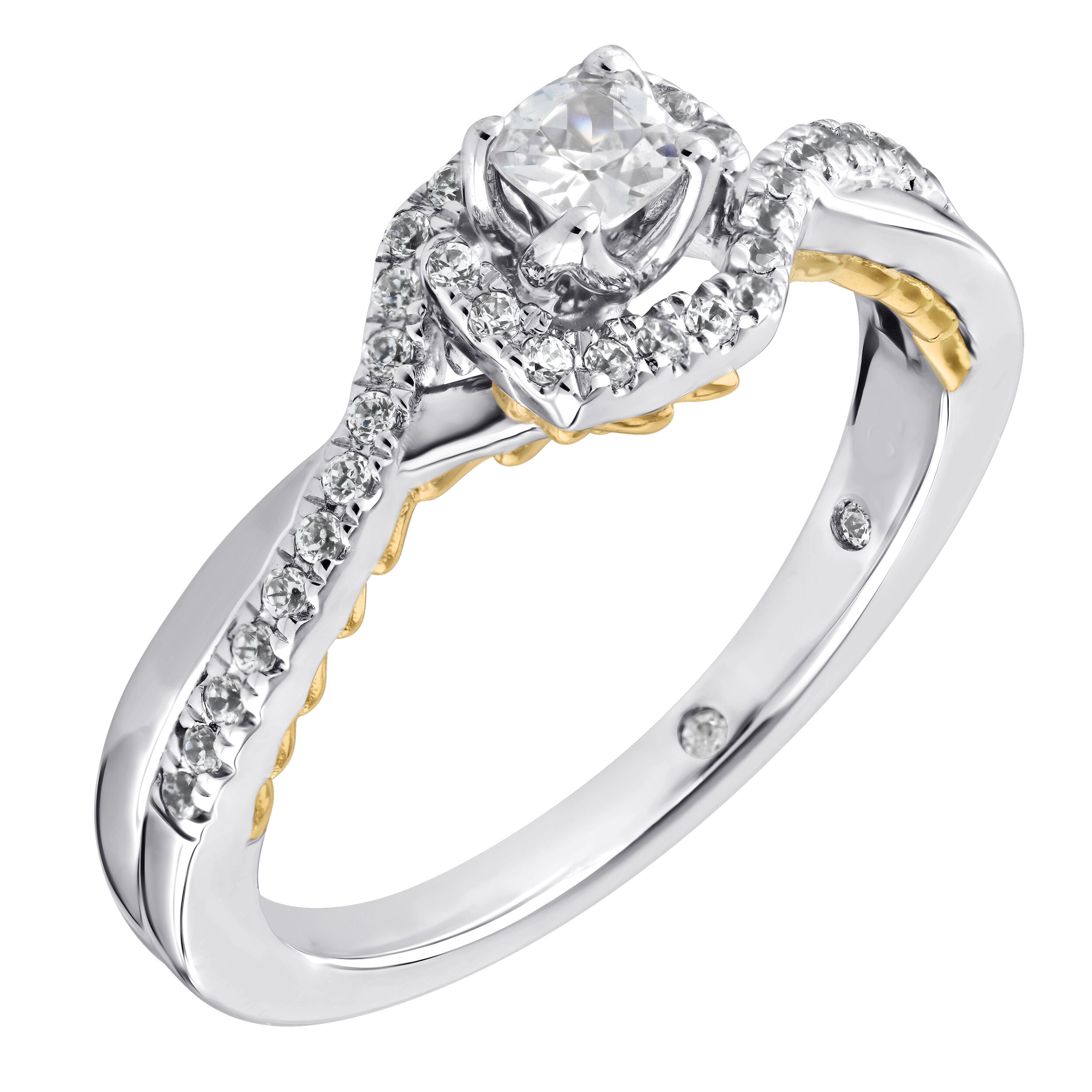 Celestial Love&trade; 14K Two Tone Diamond Cushion Halo Crossover Asymmetrical Shoulders 0.38 Ctw
