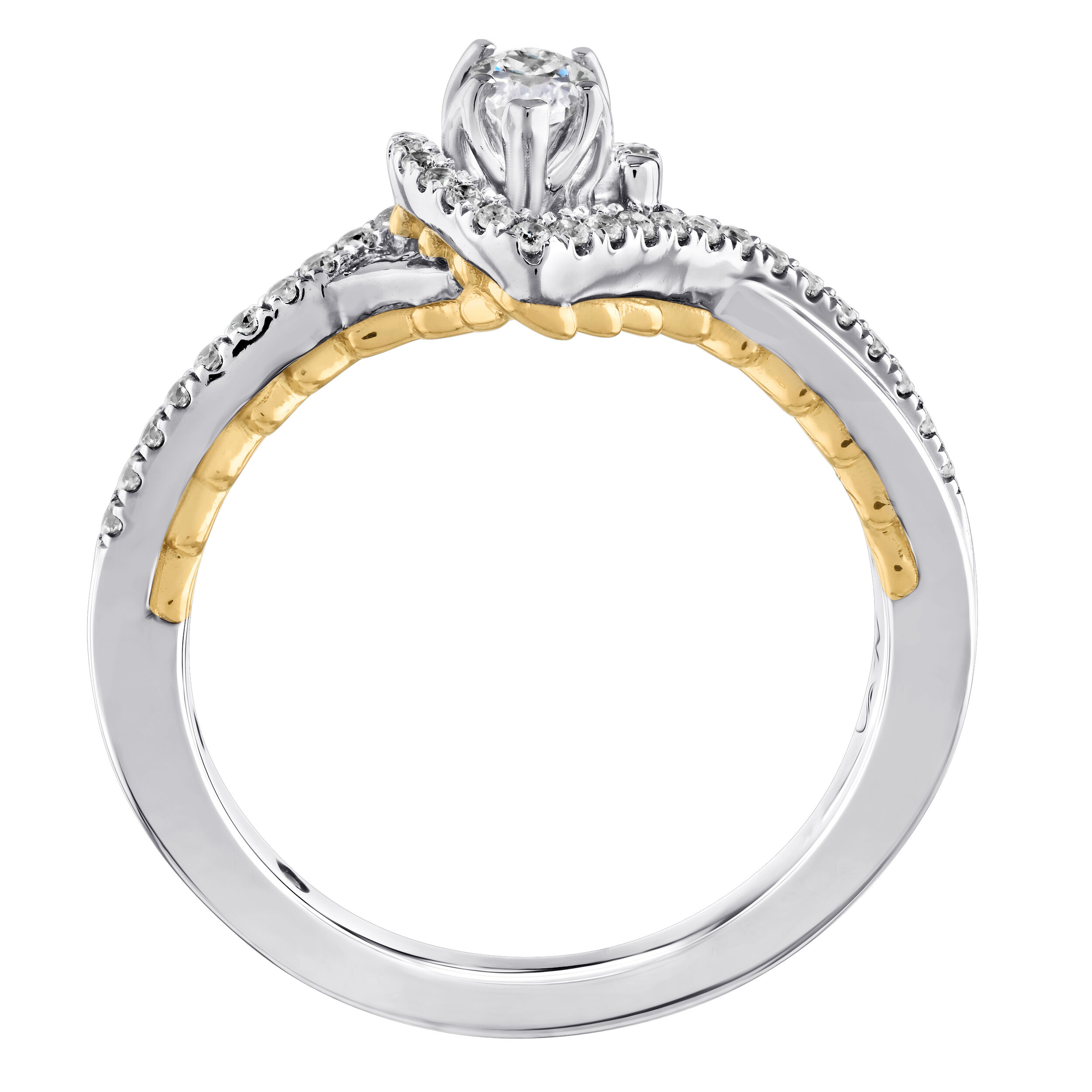 Celestial Love&trade; 14K Two Tone Diamond Pear Shape Halo Crossover Asymmetrical Shoulders 0.39 Ctw