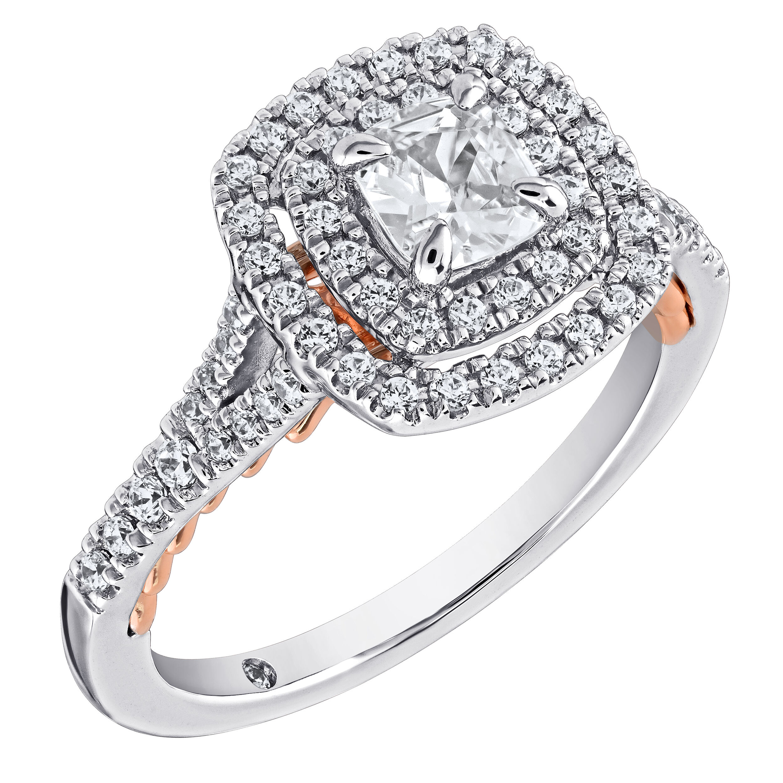 Celestial Love&trade; 14K Two Tone Diamond Cushion Double Halo Split Shank 1.00 Ctw