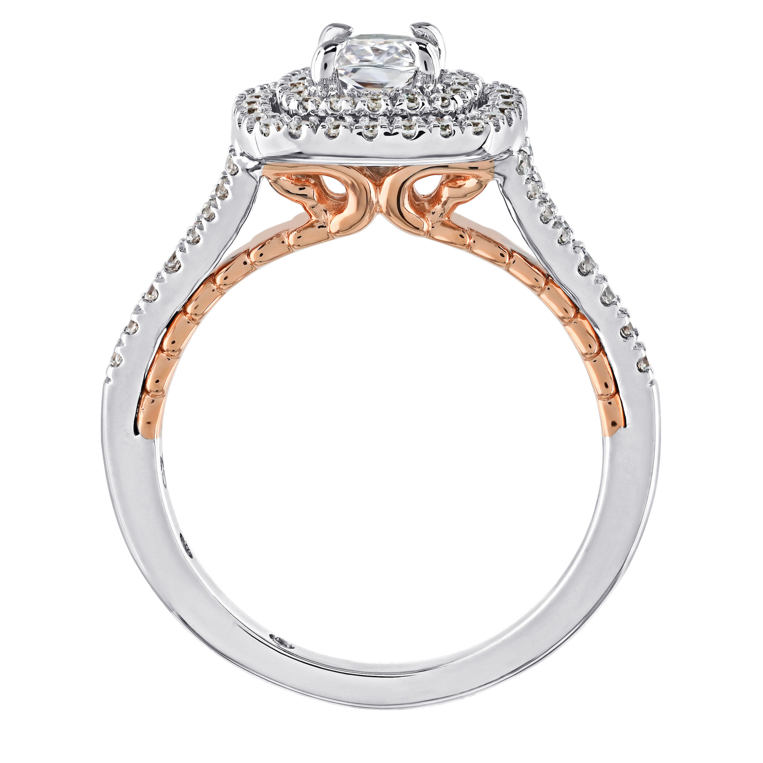 Celestial Love&trade; 14K Two Tone Diamond Cushion Double Halo Split Shank 1.00 Ctw