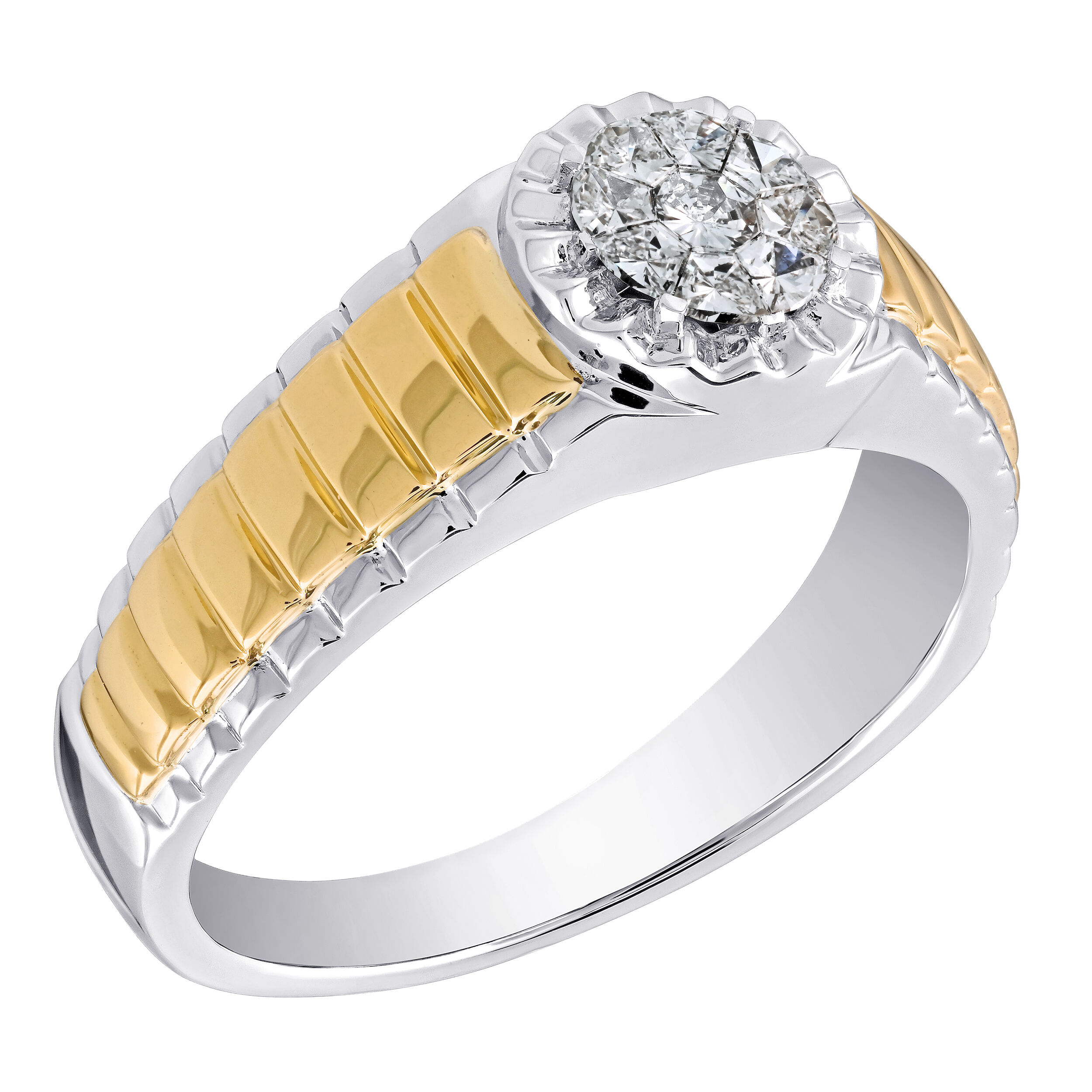 Shefian&trade; 14K Two Tone Ring Cluster Head Men's with Fluted Bezel Diamond 0.33 Ctw