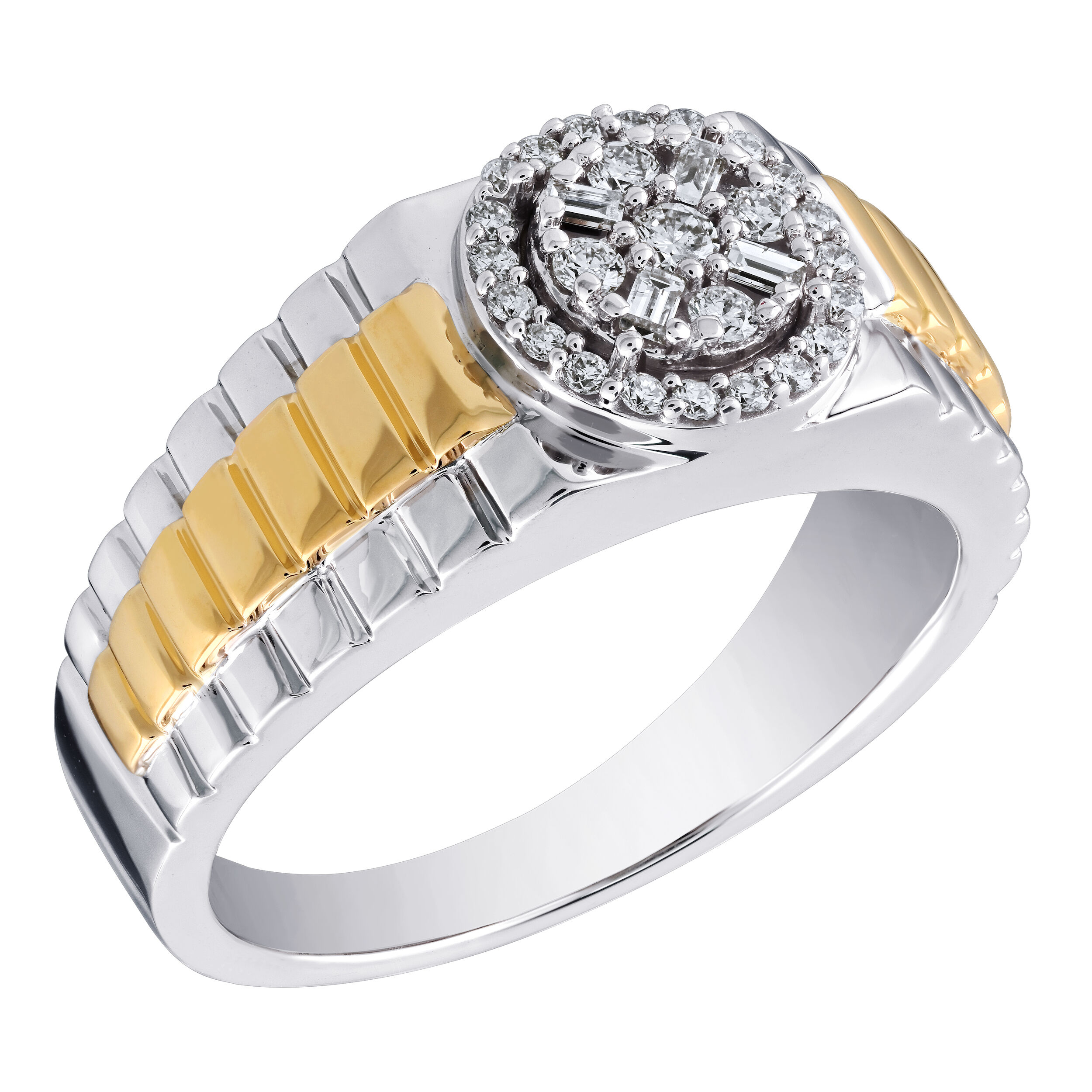 Shefian&trade; 14K Two Tone Ring Cluster Head Baguette & Round Prong Set Bezel Diamond 0.35 Ctw