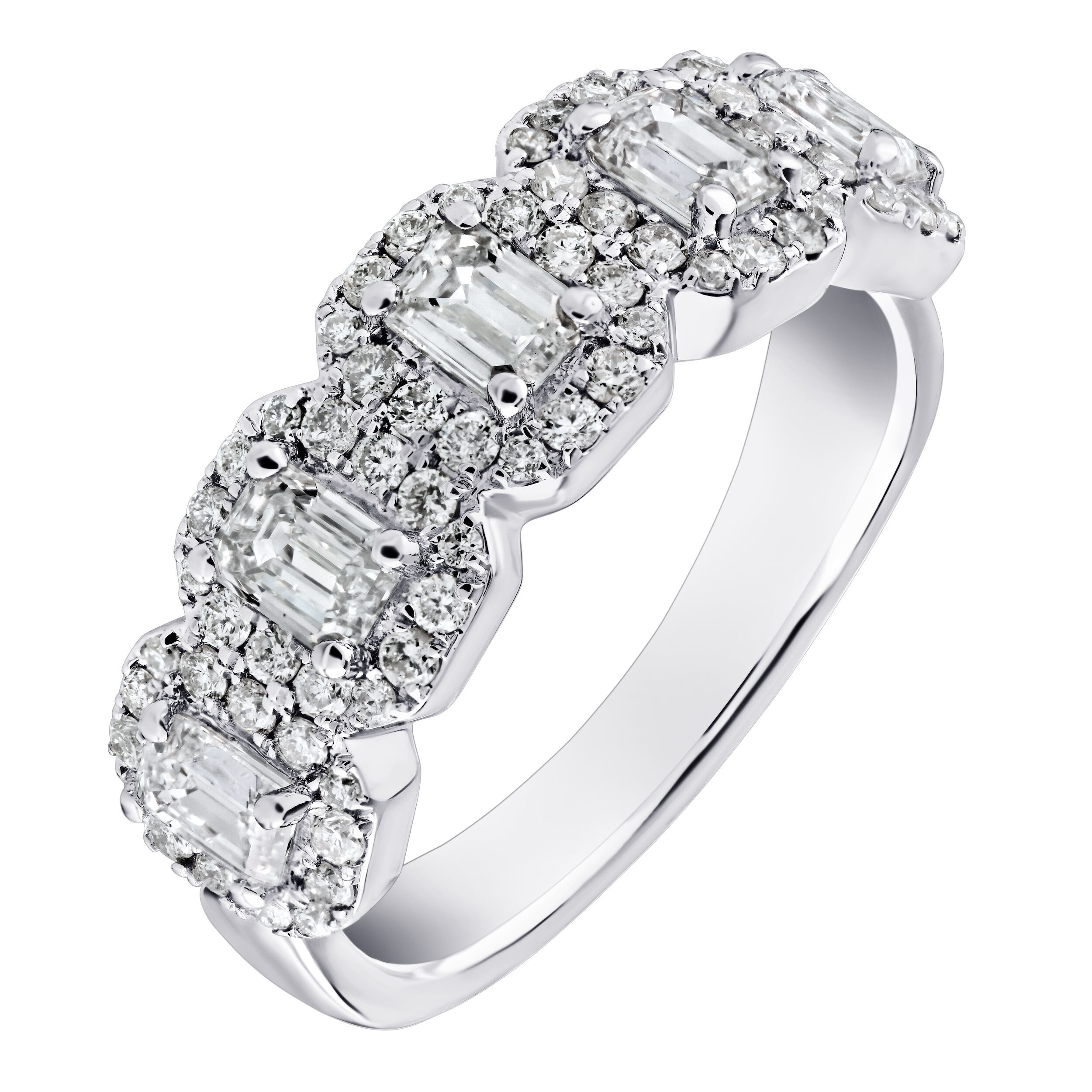 14K White Gold 5 Emerald Cut Individual Halo's Diamond Ring 1.50 Ctw