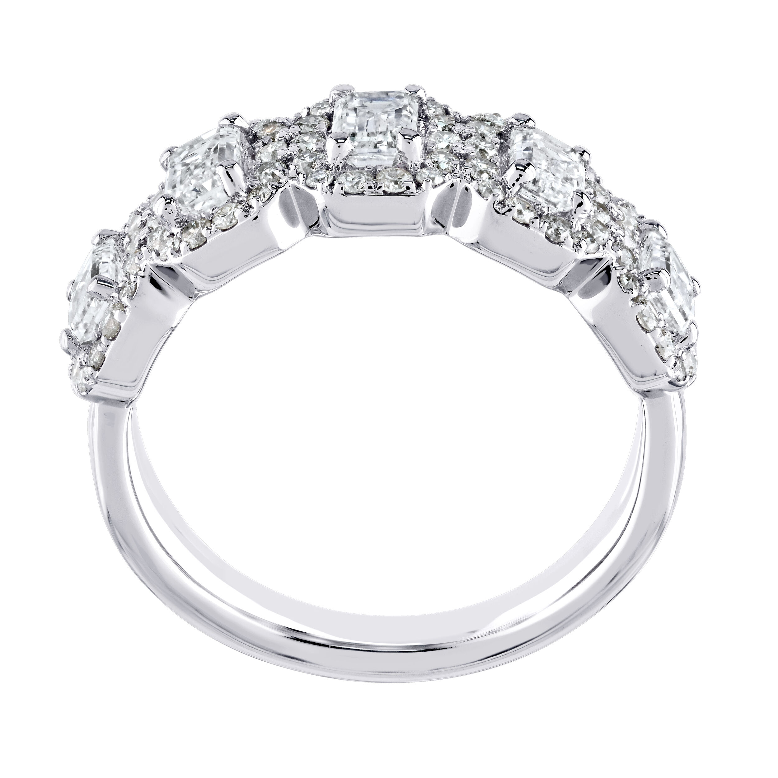 14K White Gold 5 Emerald Cut Individual Halo's Diamond Ring 1.50 Ctw