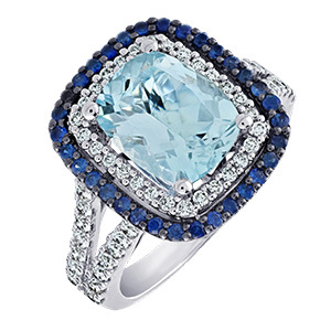AquaBella&trade; 14K White Gold Elongated Cushion Aqua with Sapphire & Diamond Double Halo Ring 3.20 Ctw Natural Aquamarine