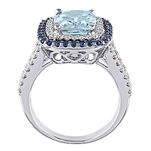 AquaBella&trade; 14K White Gold Elongated Cushion Aqua with Sapphire & Diamond Double Halo Ring 3.20 Ctw Natural Aquamarine