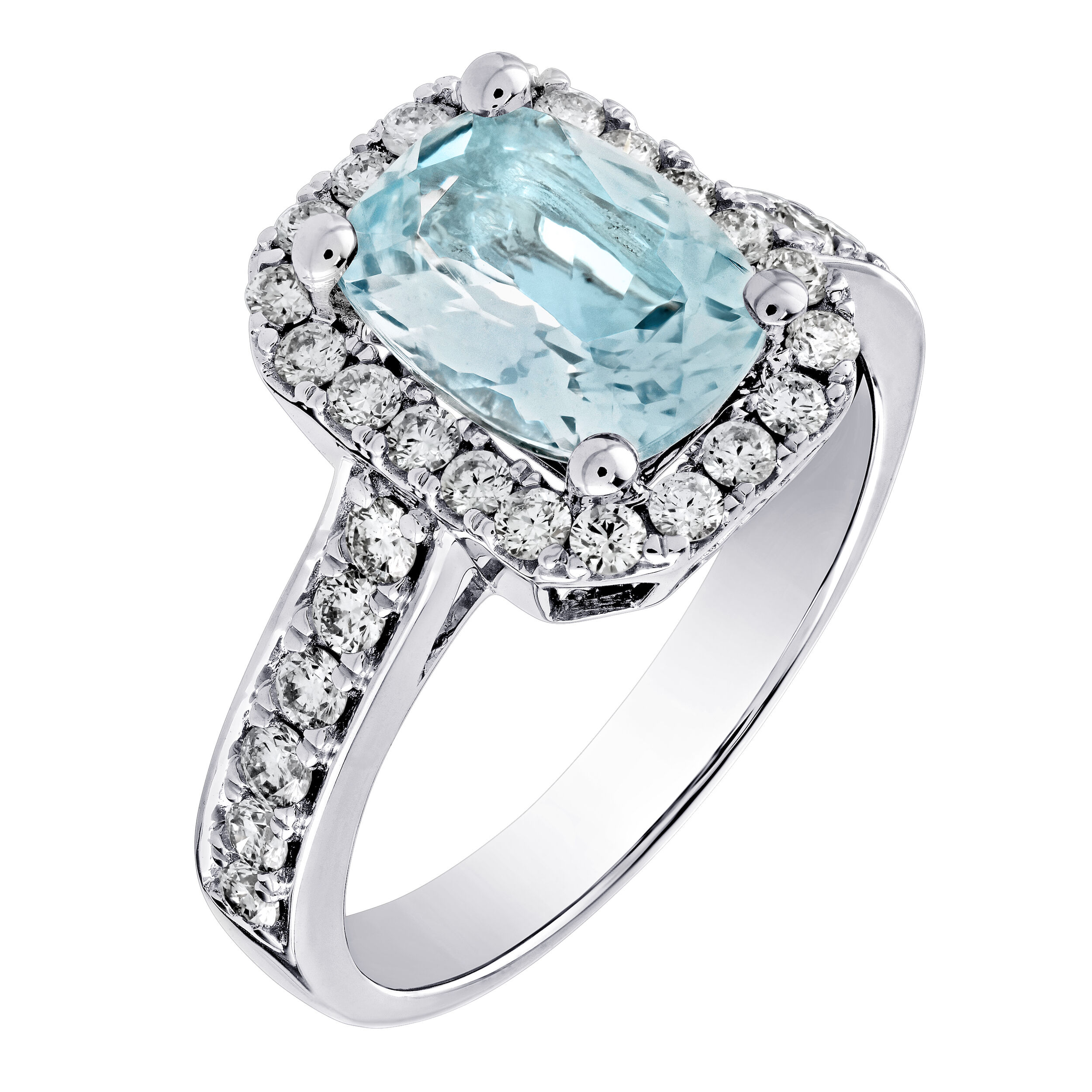 AquaBella&trade; 14K White Gold Elongated Cushion Aqua with Halo Ring 2.26 Ctw Natural Aquamarine