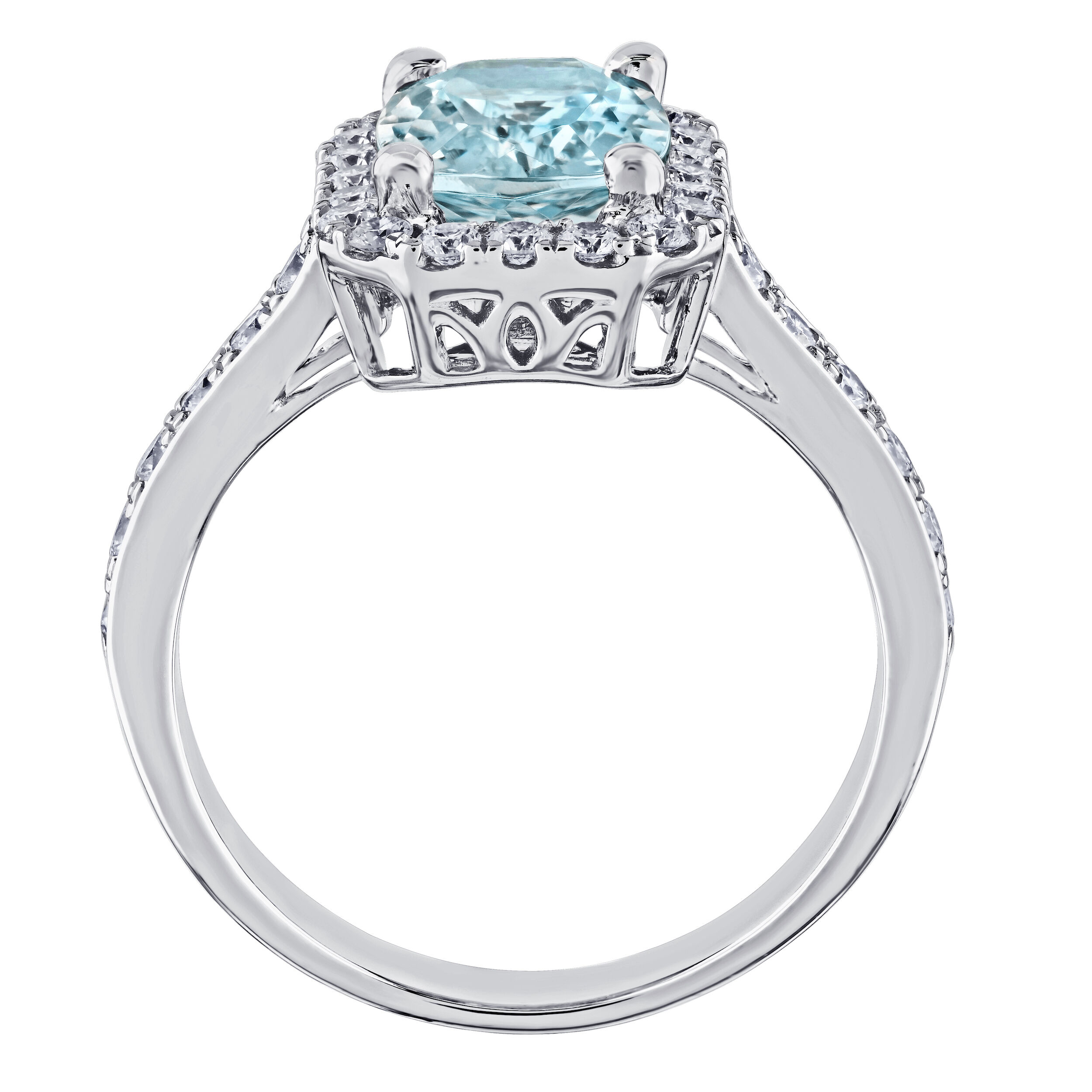 AquaBella&trade; 14K White Gold Elongated Cushion Aqua with Halo Ring 2.26 Ctw Natural Aquamarine