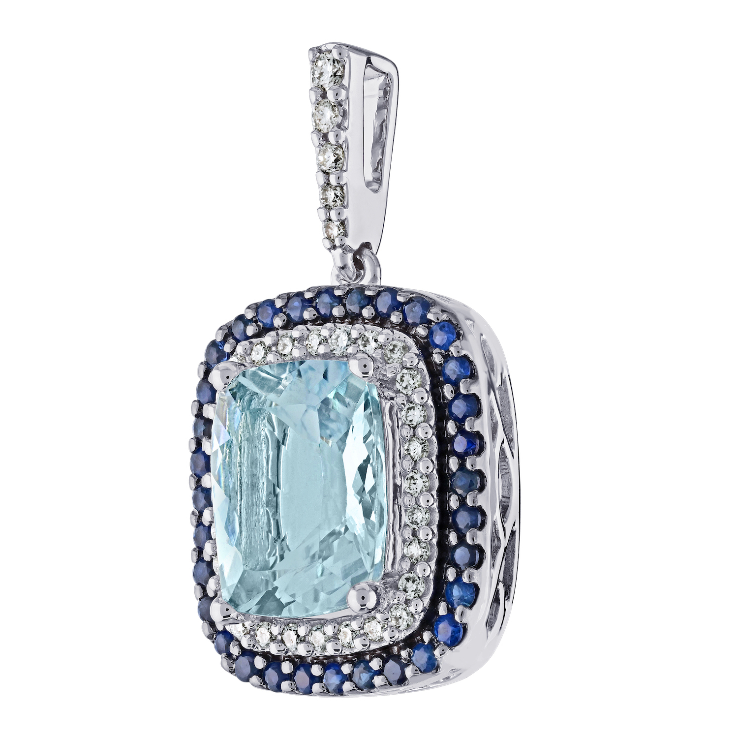 AquaBella&trade; 14K White Gold Elongated Cushion Aqua with Sapphire and Diamond Double Halo Pendant 3.06 Ctw Natural Aquamarine
