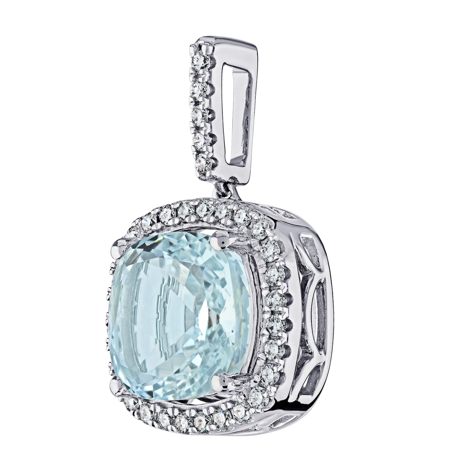 AquaBella&trade; 14K White Gold Cushion Shape Color with Halo Pendant 3.54 Ctw Natural Aquamarine