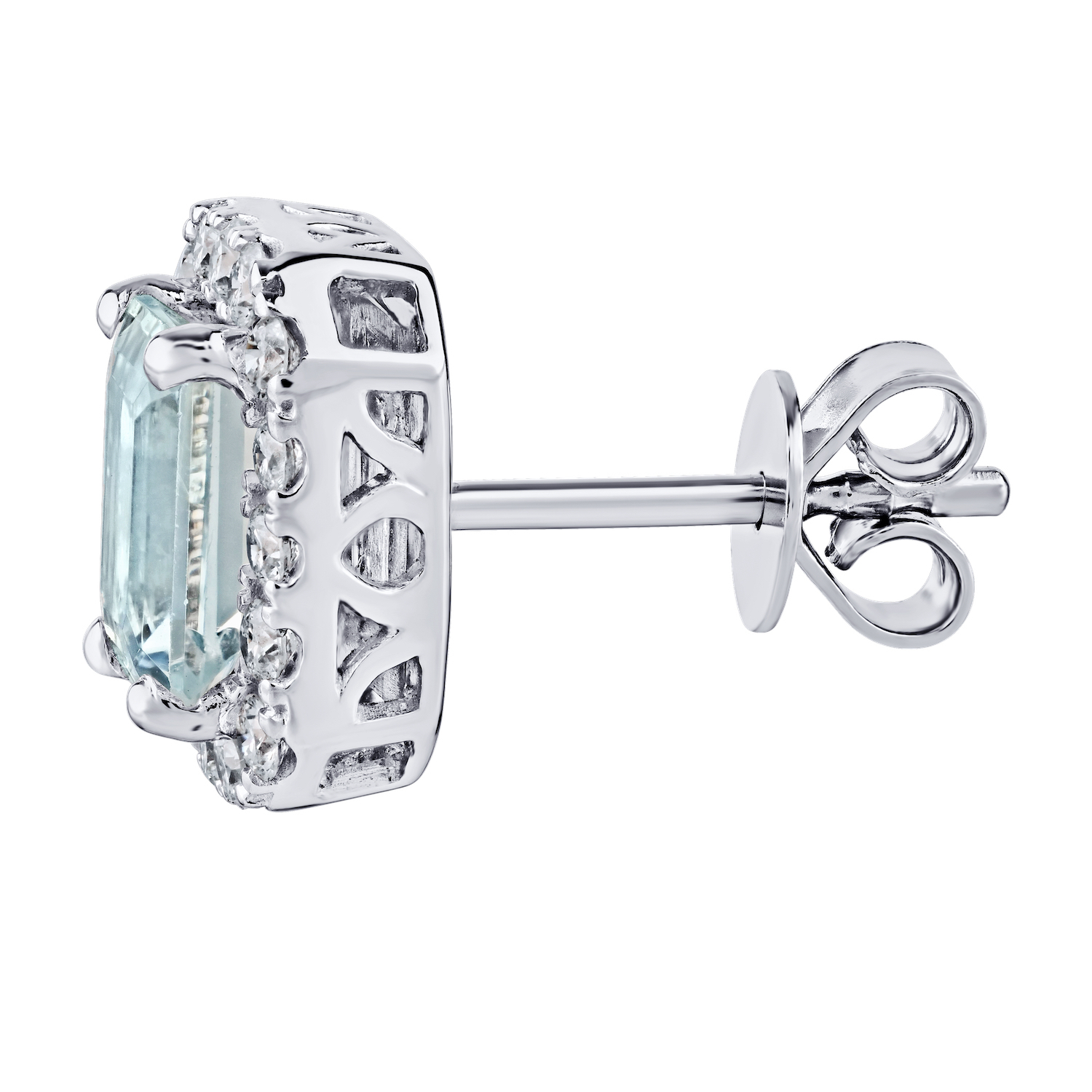 AquaBella&trade; 14K White Gold Emerald Shape Aqua with Halo Studs Earrings 2.48 Ctw Natural Aquamarine