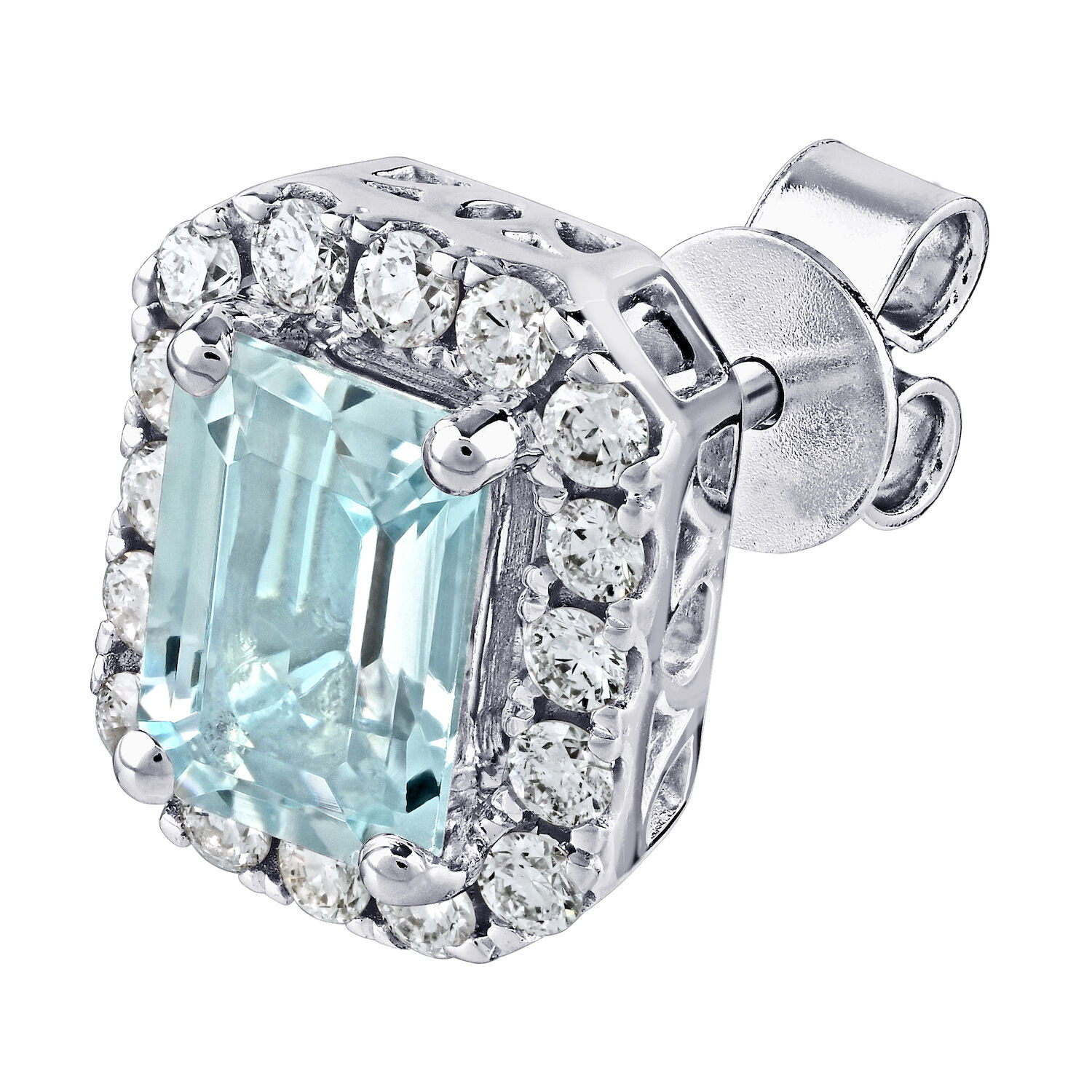 AquaBella&trade; 14K White Gold Emerald Shape Aqua with Halo Studs Earrings 2.48 Ctw Natural Aquamarine